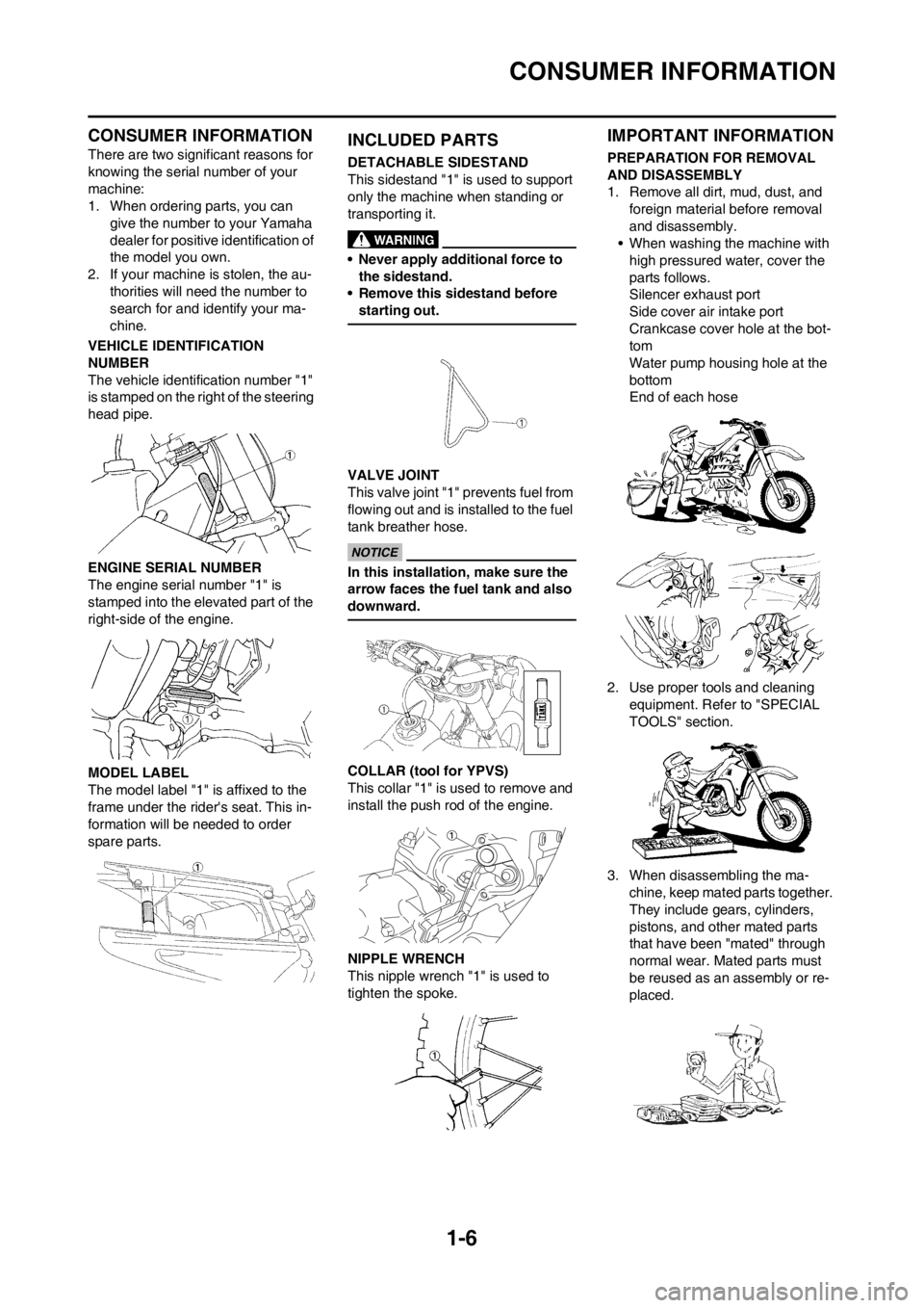 YAMAHA YZ125LC 2012 User Guide 1-6
CONSUMER INFORMATION
CONSUMER INFORMATION
There are two significant reasons for
knowing the serial number of your
machine:
1. When ordering parts, you can
give the number to your Yamaha
dealer YAMAHA YZ125LC 2012 User Guide 1-6
CONSUMER INFORMATION
CONSUMER INFORMATION
There are two significant reasons for
knowing the serial number of your
machine:
1. When ordering parts, you can
give the number to your Yamaha
dealer