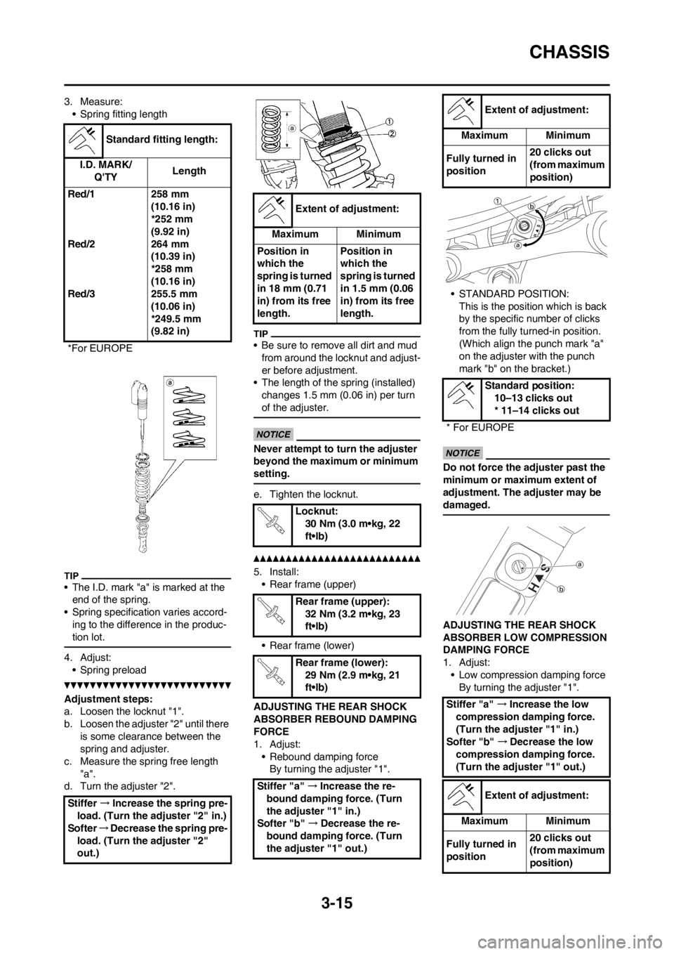 YAMAHA YZ125LC 2012 Workshop Manual 3-15
CHASSIS
3. Measure:
• Spring fitting length
• The I.D. mark "a" is marked at the 
end of the spring.
• Spring specification varies accord-
ing to the difference in the produc-
tion lot.
4. 