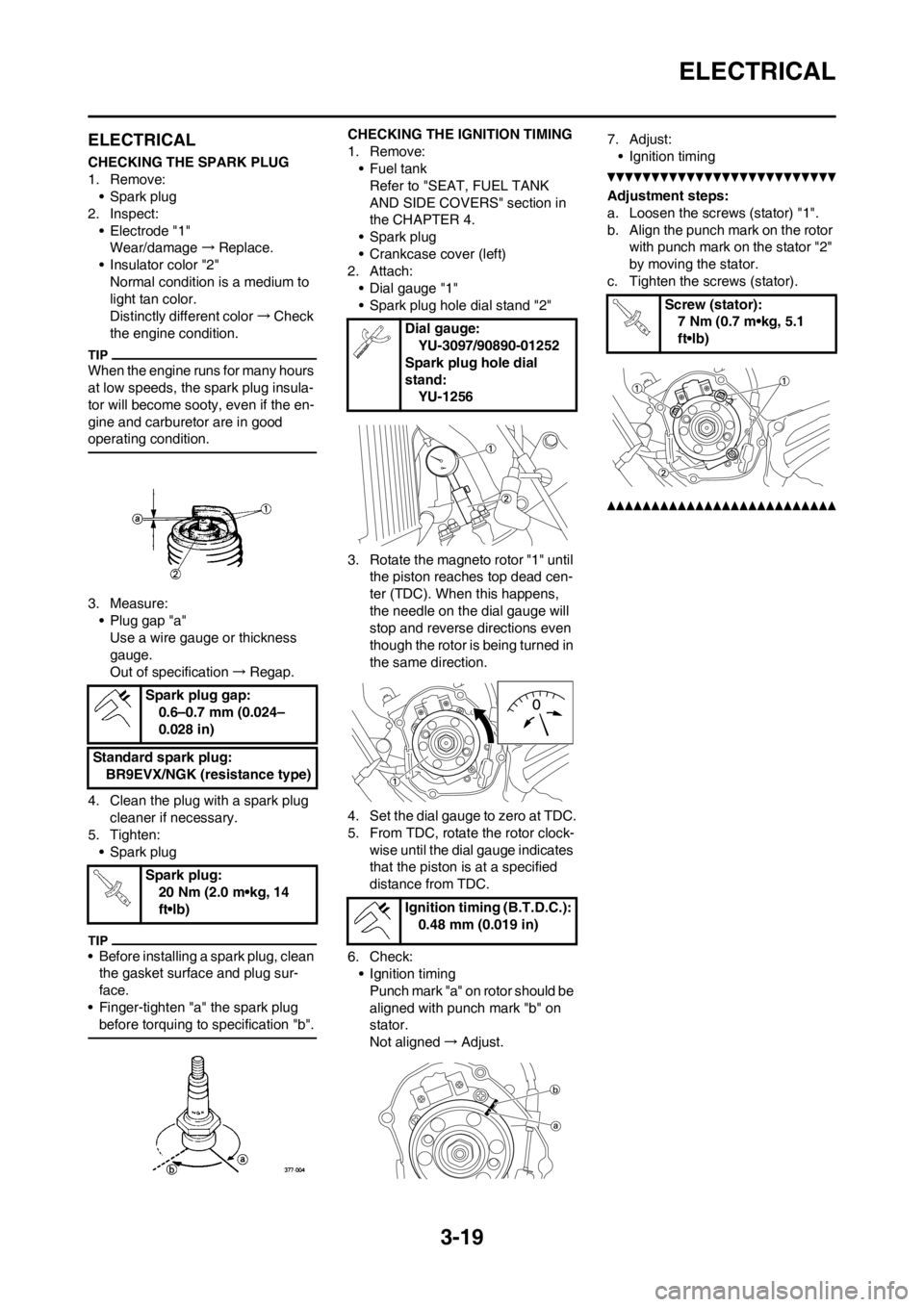 YAMAHA YZ125LC 2012 Repair Manual 3-19
ELECTRICAL
ELECTRICAL
CHECKING THE SPARK PLUG
1. Remove:
• Spark plug
2. Inspect:
• Electrode "1"
Wear/damage→Replace.
• Insulator color "2"
Normal condition is a medium to
light tan col YAMAHA YZ125LC 2012 Repair Manual 3-19
ELECTRICAL
ELECTRICAL
CHECKING THE SPARK PLUG
1. Remove:
• Spark plug
2. Inspect:
• Electrode "1"
Wear/damage→Replace.
• Insulator color "2"
Normal condition is a medium to
light tan col