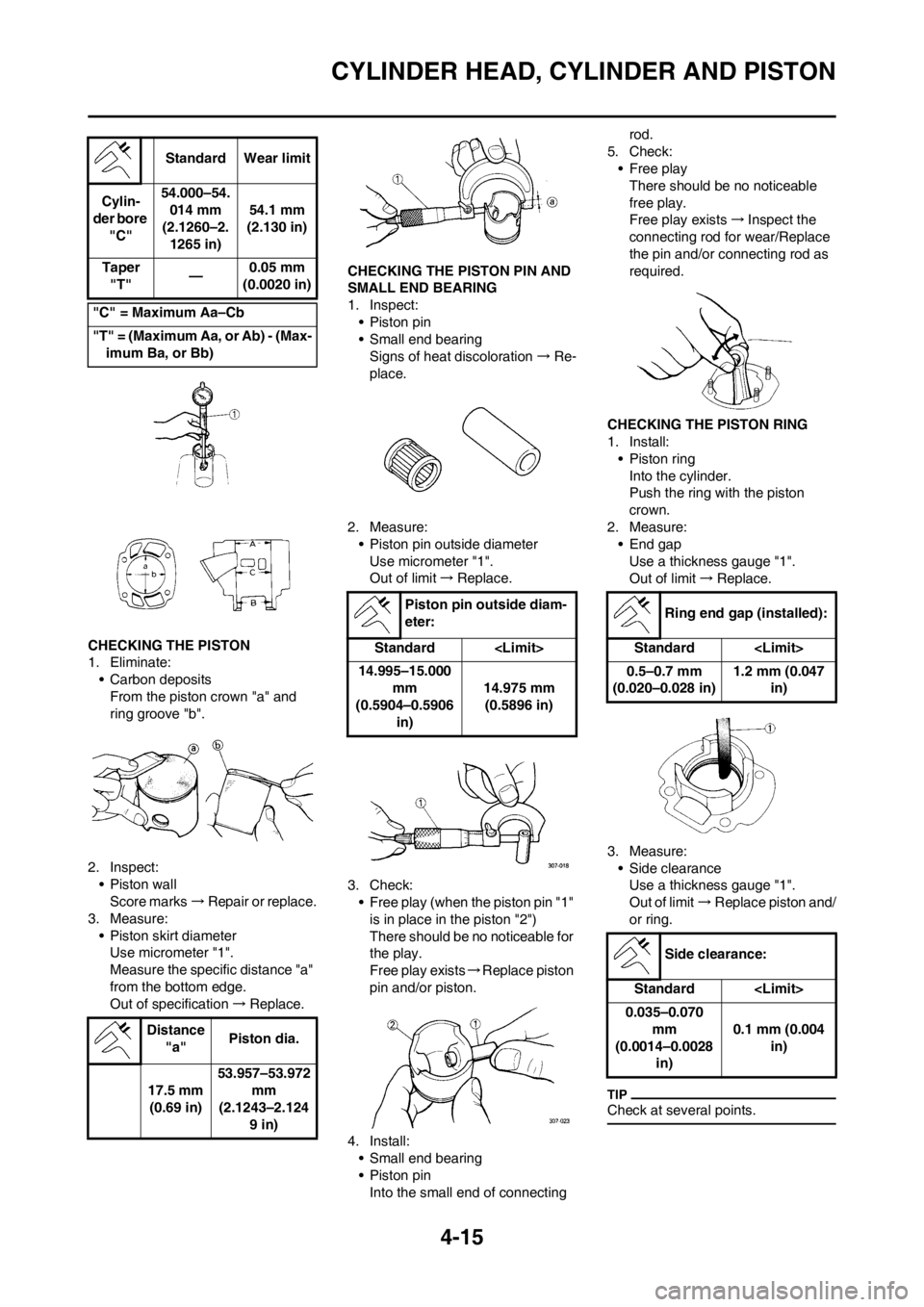 YAMAHA YZ125LC 2012 Manual PDF 4-15
CYLINDER HEAD, CYLINDER AND PISTON
CHECKING THE PISTON
1. Eliminate:
• Carbon deposits
From the piston crown "a" and
ring groove "b".
2. Inspect:
• Piston wall
Score marks→Repair or replac YAMAHA YZ125LC 2012 Manual PDF 4-15
CYLINDER HEAD, CYLINDER AND PISTON
CHECKING THE PISTON
1. Eliminate:
• Carbon deposits
From the piston crown "a" and
ring groove "b".
2. Inspect:
• Piston wall
Score marks→Repair or replac