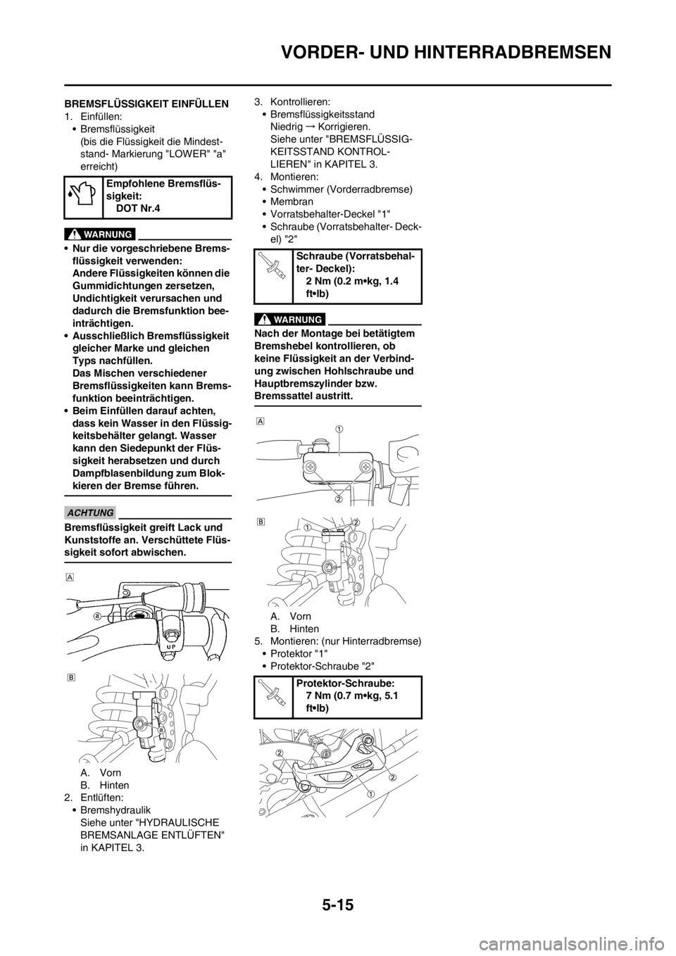 YAMAHA YZ125LC 2012  Betriebsanleitungen (in German) 5-15
VORDER- UND HINTERRADBREMSEN
BREMSFLÜSSIGKEIT EINFÜLLEN
1. Einfüllen:
• Bremsflüssigkeit
(bis die Flüssigkeit die Mindest-
stand- Markierung "LOWER" "a" 
erreicht)
• Nur die vorgeschrieb
