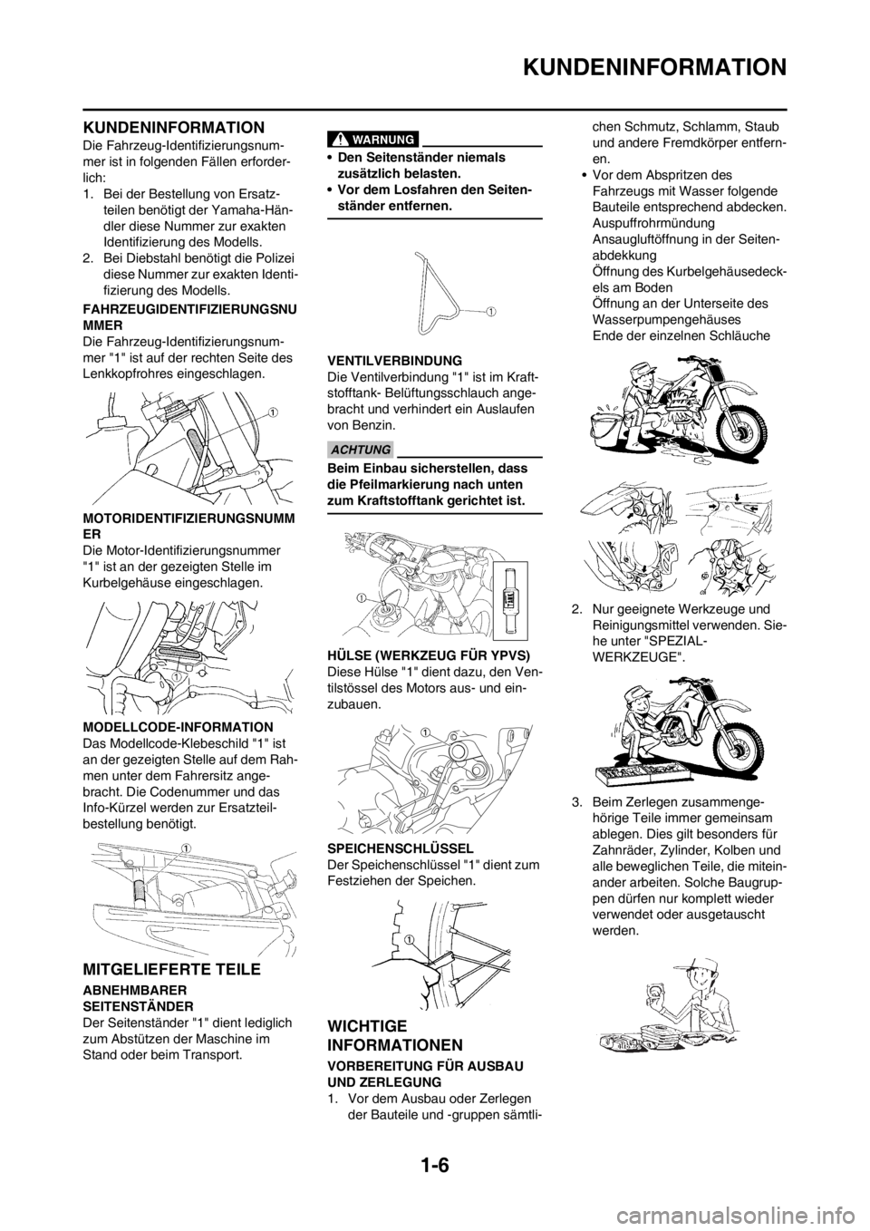 YAMAHA YZ125LC 2012 Notices Demploi (in French) 1-6
KUNDENINFORMATION
KUNDENINFORMATION
Die Fahrzeug-Identifizierungsnum-
mer ist in folgenden Fällen erforder-
lich:
1. Bei der Bestellung von Ersatz-
teilen benötigt der Yamaha-Hän-
dler diese Nu YAMAHA YZ125LC 2012 Notices Demploi (in French) 1-6
KUNDENINFORMATION
KUNDENINFORMATION
Die Fahrzeug-Identifizierungsnum-
mer ist in folgenden Fällen erforder-
lich:
1. Bei der Bestellung von Ersatz-
teilen benötigt der Yamaha-Hän-
dler diese Nu