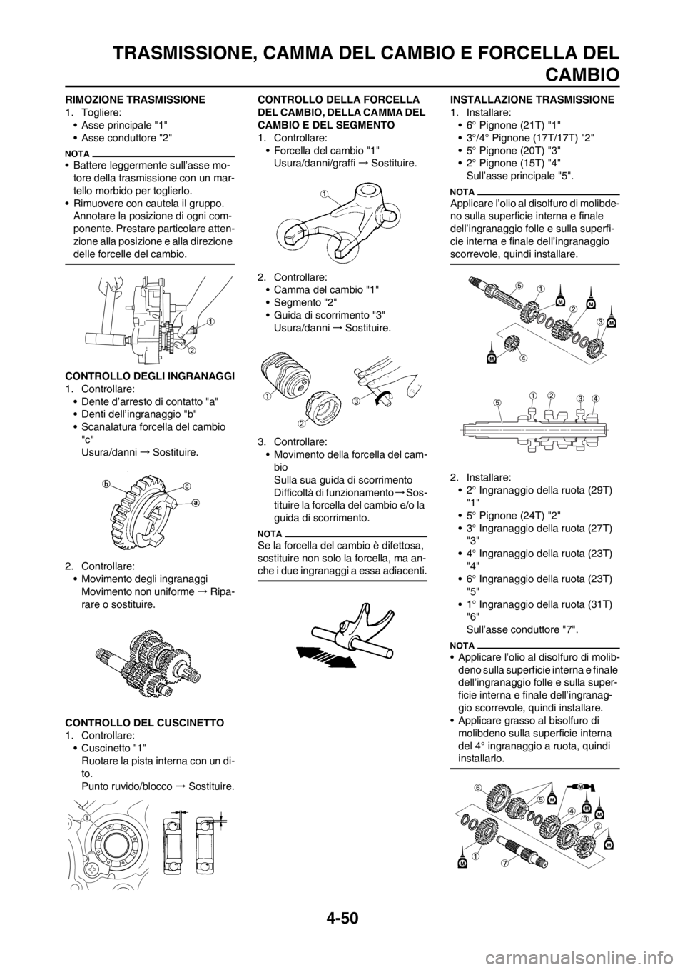 YAMAHA YZ125LC 2012 Manuale duso (in Italian) 4-50
TRASMISSIONE, CAMMA DEL CAMBIO E FORCELLA DEL
CAMBIO
RIMOZIONE TRASMISSIONE
1. Togliere:
• Asse principale "1"
• Asse conduttore "2"
• Battere leggermente sull’asse mo-
tore della trasmis YAMAHA YZ125LC 2012 Manuale duso (in Italian) 4-50
TRASMISSIONE, CAMMA DEL CAMBIO E FORCELLA DEL
CAMBIO
RIMOZIONE TRASMISSIONE
1. Togliere:
• Asse principale "1"
• Asse conduttore "2"
• Battere leggermente sull’asse mo-
tore della trasmis