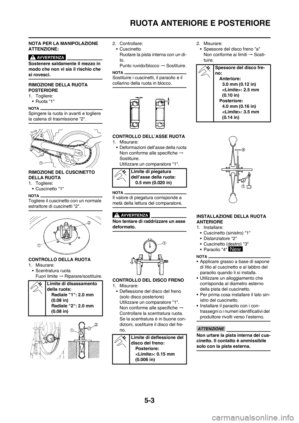 YAMAHA YZ125LC 2012 Manuale duso (in Italian) 5-3
RUOTA ANTERIORE E POSTERIORE
NOTA PER LA MANIPOLAZIONE
ATTENZIONE:
Sostenere saldamente il mezzo in
modo che non vi sia il rischio che
si rovesci.
RIMOZIONE DELLA RUOTA
POSTERIORE
1. Togliere: YAMAHA YZ125LC 2012 Manuale duso (in Italian) 5-3
RUOTA ANTERIORE E POSTERIORE
NOTA PER LA MANIPOLAZIONE
ATTENZIONE:
Sostenere saldamente il mezzo in
modo che non vi sia il rischio che
si rovesci.
RIMOZIONE DELLA RUOTA
POSTERIORE
1. Togliere: