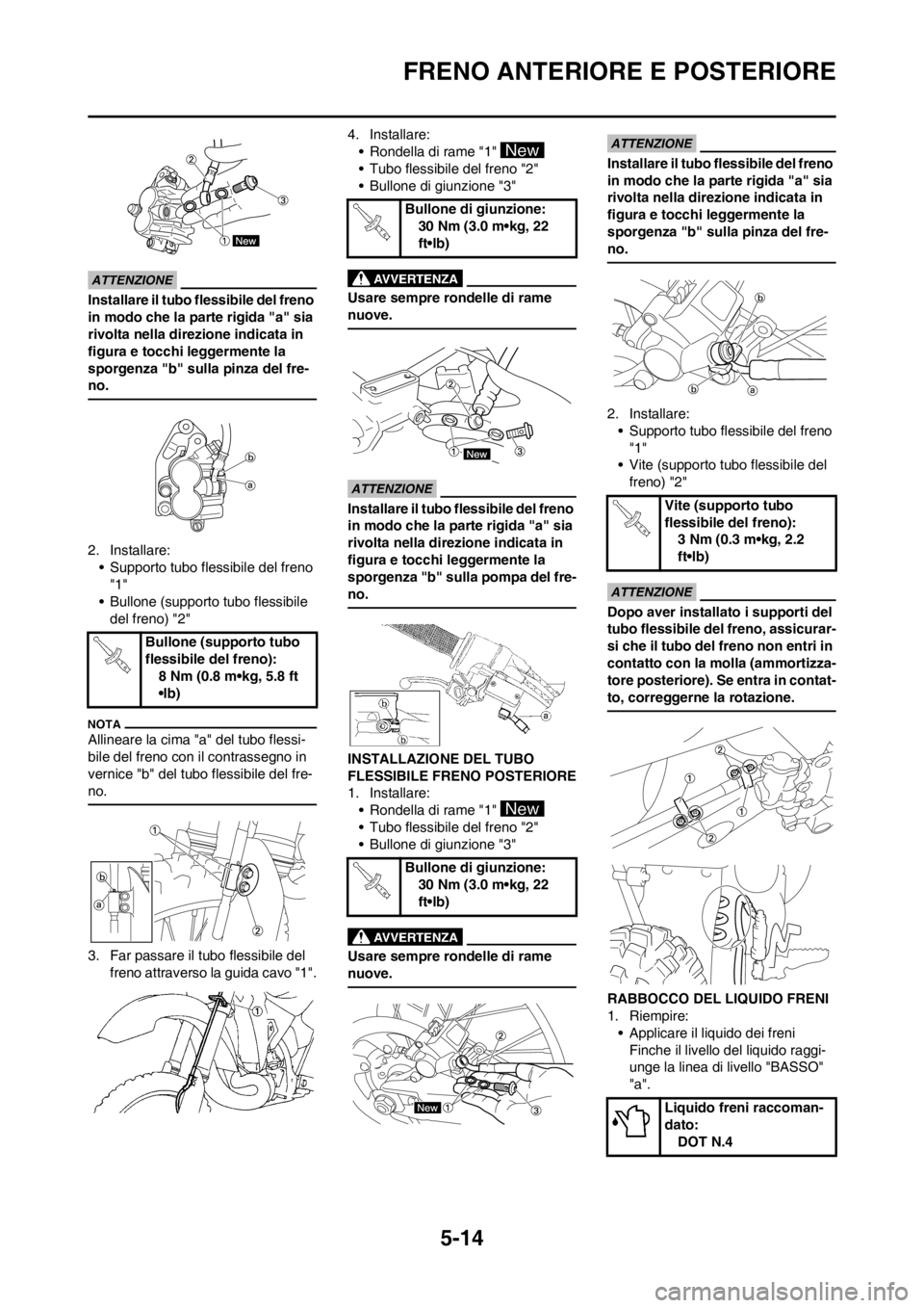 YAMAHA YZ125LC 2012 Manuale duso (in Italian) 5-14
FRENO ANTERIORE E POSTERIORE
Installare il tubo flessibile del freno
in modo che la parte rigida "a" sia
rivolta nella direzione indicata in
figura e tocchi leggermente la
sporgenza "b" sulla YAMAHA YZ125LC 2012 Manuale duso (in Italian) 5-14
FRENO ANTERIORE E POSTERIORE
Installare il tubo flessibile del freno
in modo che la parte rigida "a" sia
rivolta nella direzione indicata in
figura e tocchi leggermente la
sporgenza "b" sulla