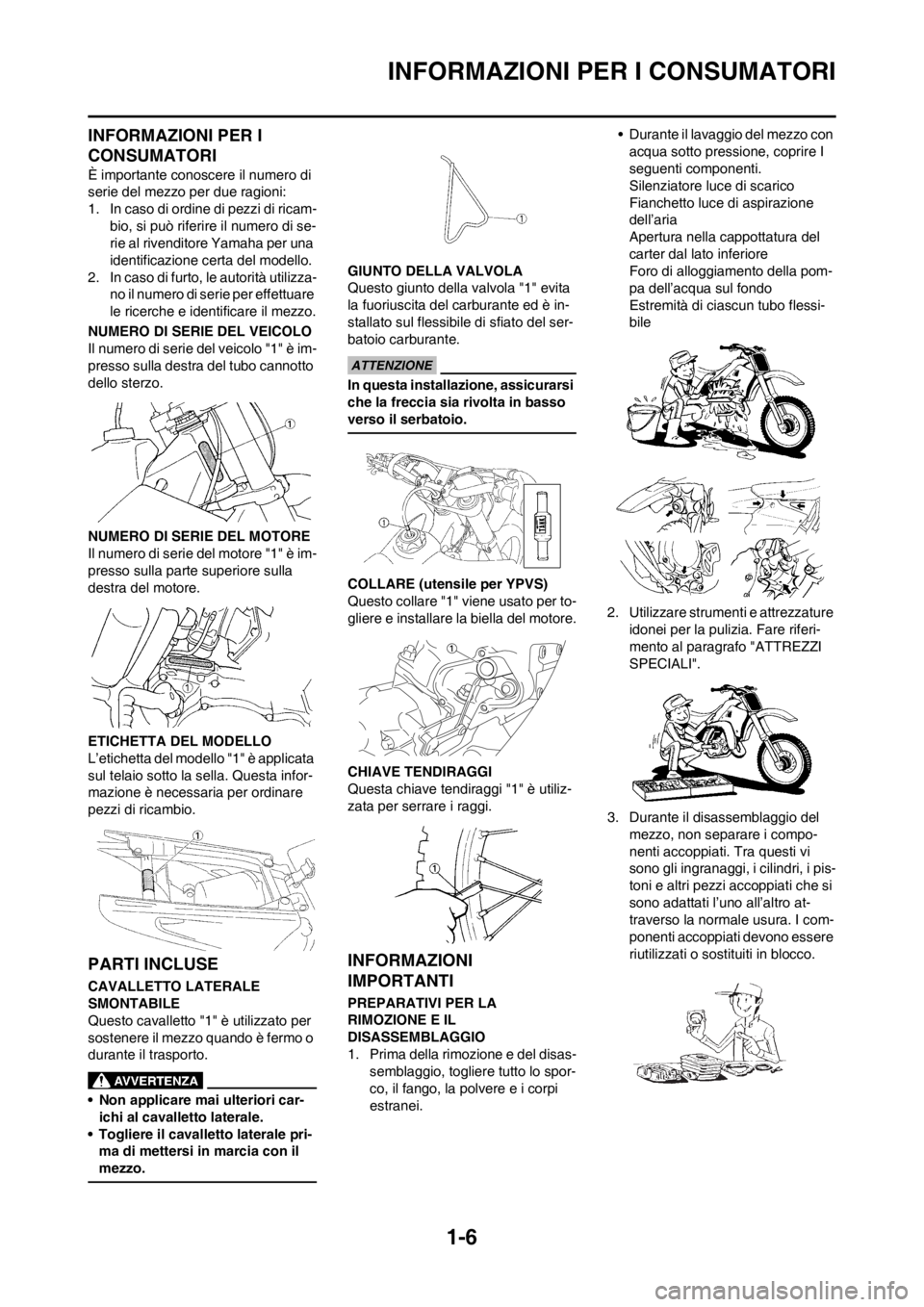 YAMAHA YZ125LC 2012 Manuale duso (in Italian) 1-6
INFORMAZIONI PER I CONSUMATORI
INFORMAZIONI PER I
CONSUMATORI
È importante conoscere il numero di
serie del mezzo per due ragioni:
1. In caso di ordine di pezzi di ricam-
bio, si può riferire YAMAHA YZ125LC 2012 Manuale duso (in Italian) 1-6
INFORMAZIONI PER I CONSUMATORI
INFORMAZIONI PER I
CONSUMATORI
È importante conoscere il numero di
serie del mezzo per due ragioni:
1. In caso di ordine di pezzi di ricam-
bio, si può riferire
