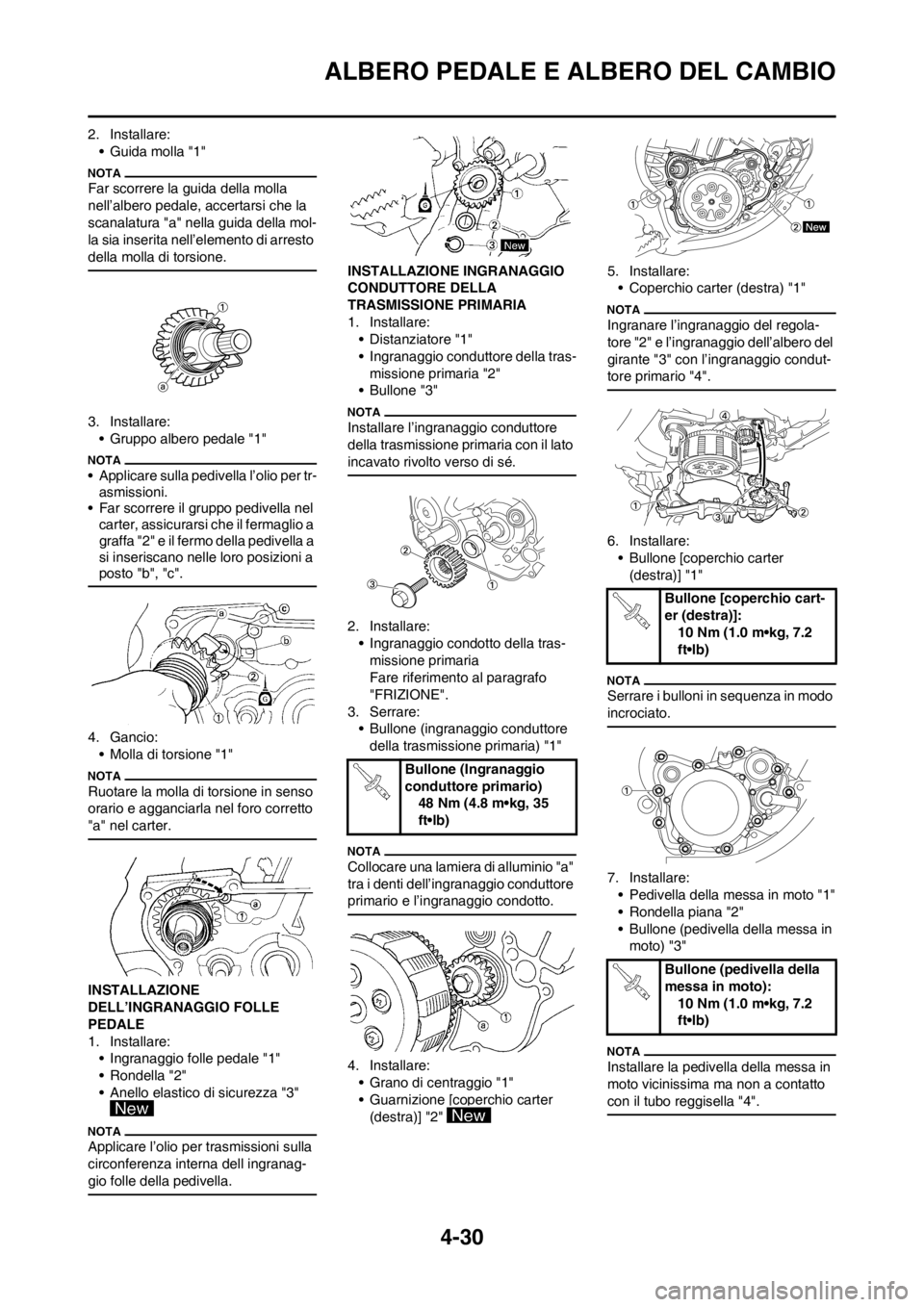 YAMAHA YZ125LC 2012 Manuale duso (in Italian) 4-30
ALBERO PEDALE E ALBERO DEL CAMBIO
2. Installare:
• Guida molla "1"
Far scorrere la guida della molla
nell’albero pedale, accertarsi che la
scanalatura "a" nella guida della mol-
la sia inse YAMAHA YZ125LC 2012 Manuale duso (in Italian) 4-30
ALBERO PEDALE E ALBERO DEL CAMBIO
2. Installare:
• Guida molla "1"
Far scorrere la guida della molla
nell’albero pedale, accertarsi che la
scanalatura "a" nella guida della mol-
la sia inse