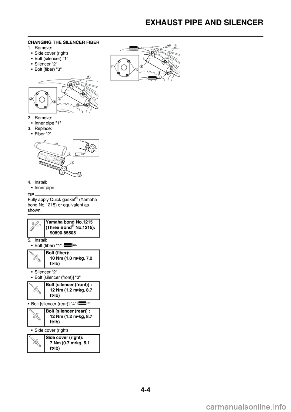 YAMAHA YZ125LC 2011 Repair Manual 
4-4
EXHAUST PIPE AND SILENCER
CHANGING THE SILENCER FIBER
1. Remove:• Side cover (right)
• Bolt (silencer) "1"
• Silencer "2"
• Bolt (fiber) "3"
2. Remove: • Inner pipe "1"
3. Replace: • 