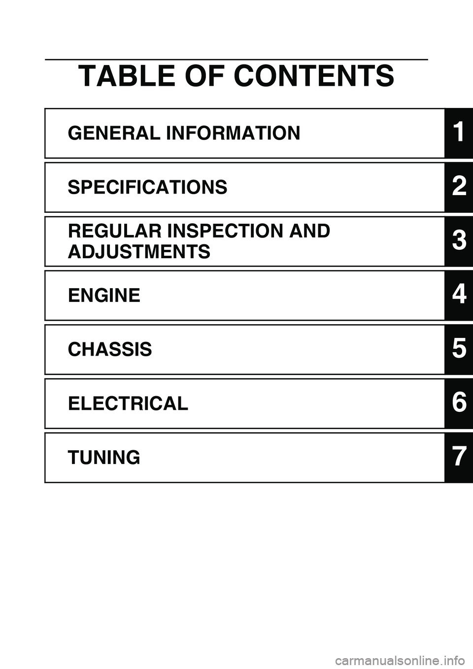 YAMAHA YZ125LC 2011  Owners Manual TABLE OF CONTENTS
GENERAL INFORMATION1
SPECIFICATIONS2
REGULAR INSPECTION AND 
ADJUSTMENTS
3
ENGINE4
CHASSIS5
ELECTRICAL6
TUNING7 