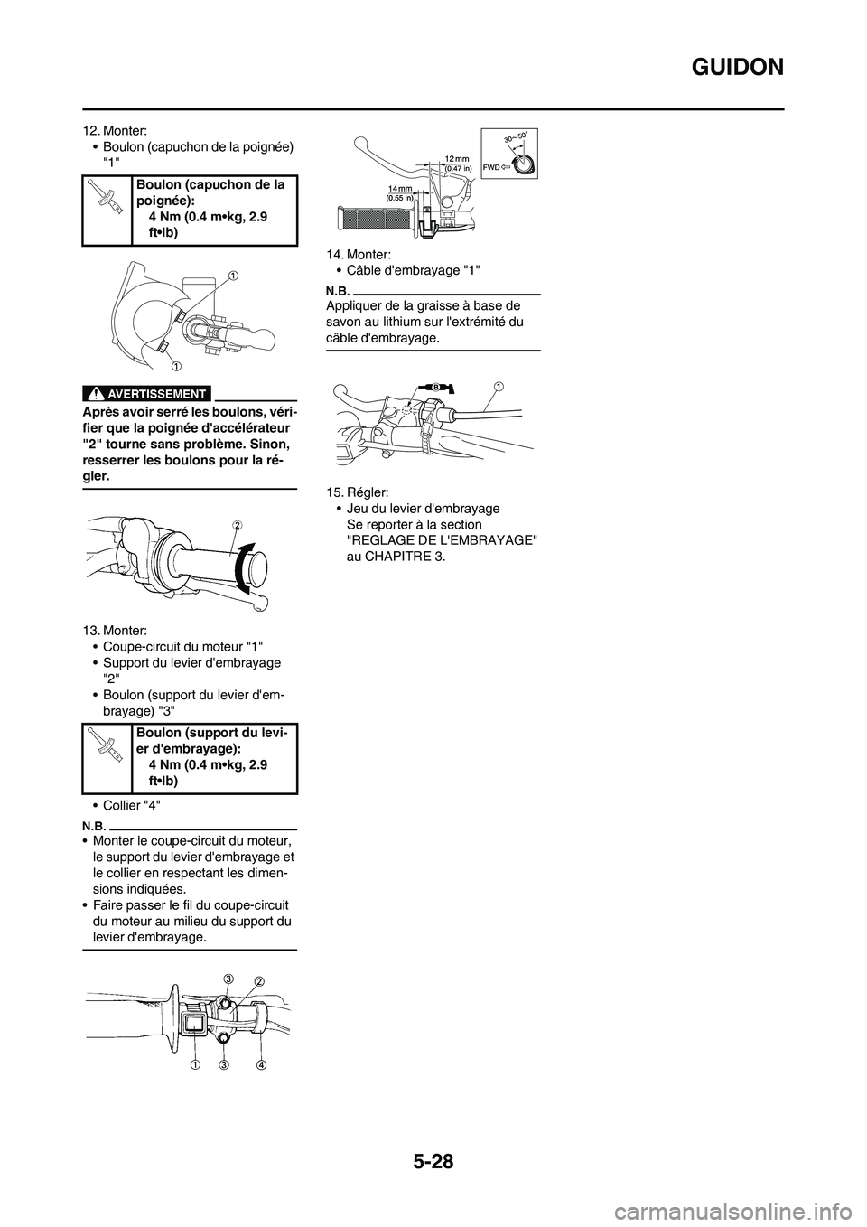 YAMAHA YZ125LC 2011 Notices Demploi (in French) 5-28
GUIDON
12. Monter:
• Boulon (capuchon de la poignée)
"1"
Après avoir serré les boulons, véri-
fier que la poignée daccélérateur
"2" tourne sans problème. Sinon,
resserrer les boulon YAMAHA YZ125LC 2011 Notices Demploi (in French) 5-28
GUIDON
12. Monter:
• Boulon (capuchon de la poignée)
"1"
Après avoir serré les boulons, véri-
fier que la poignée daccélérateur
"2" tourne sans problème. Sinon,
resserrer les boulon