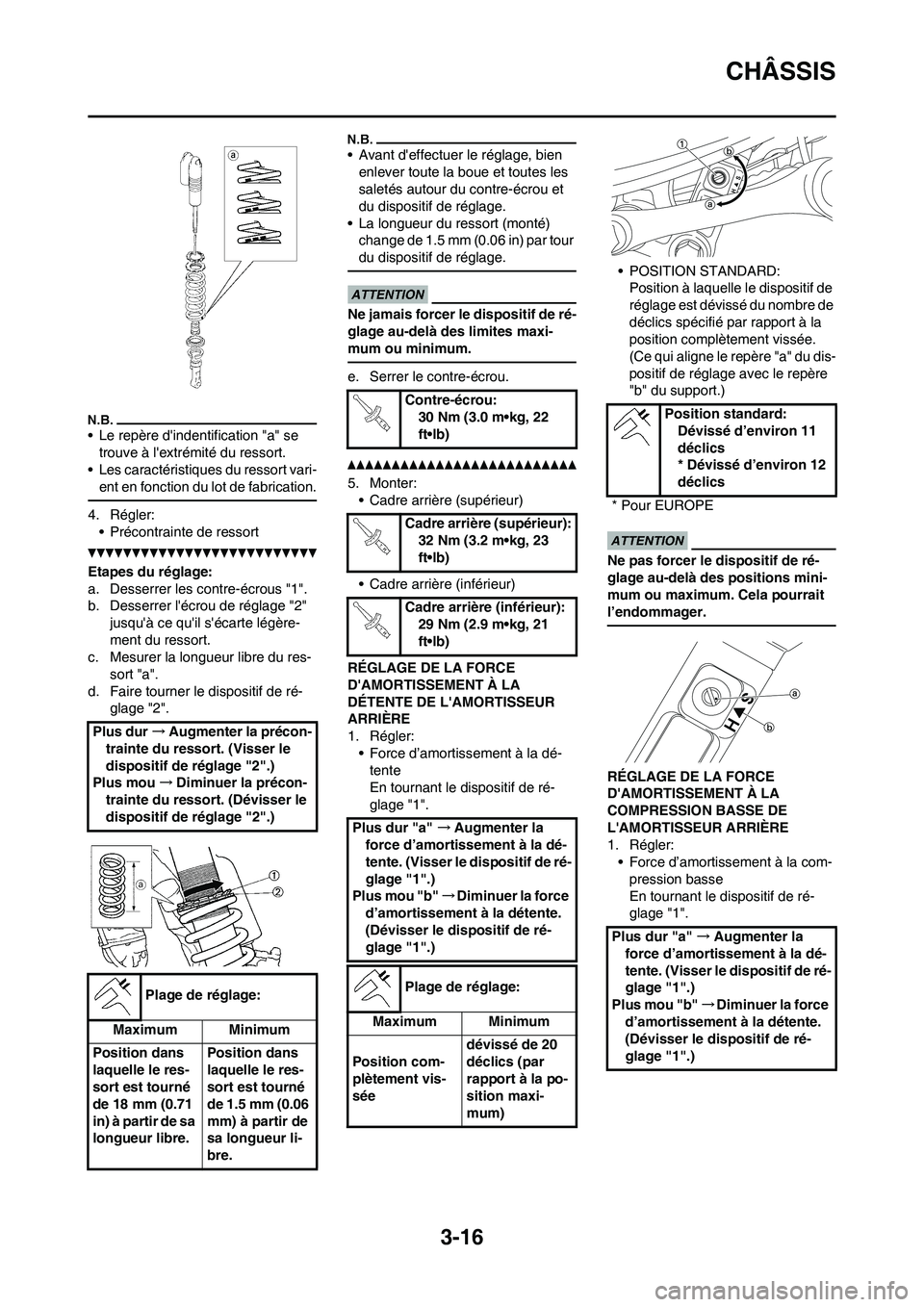 YAMAHA YZ125LC 2011 Notices Demploi (in French) 3-16
CHÂSSIS
• Le repère dindentification "a" se
trouve à lextrémité du ressort.
• Les caractéristiques du ressort vari-
ent en fonction du lot de fabrication.
4. Régler:
• Précontrai YAMAHA YZ125LC 2011 Notices Demploi (in French) 3-16
CHÂSSIS
• Le repère dindentification "a" se
trouve à lextrémité du ressort.
• Les caractéristiques du ressort vari-
ent en fonction du lot de fabrication.
4. Régler:
• Précontrai