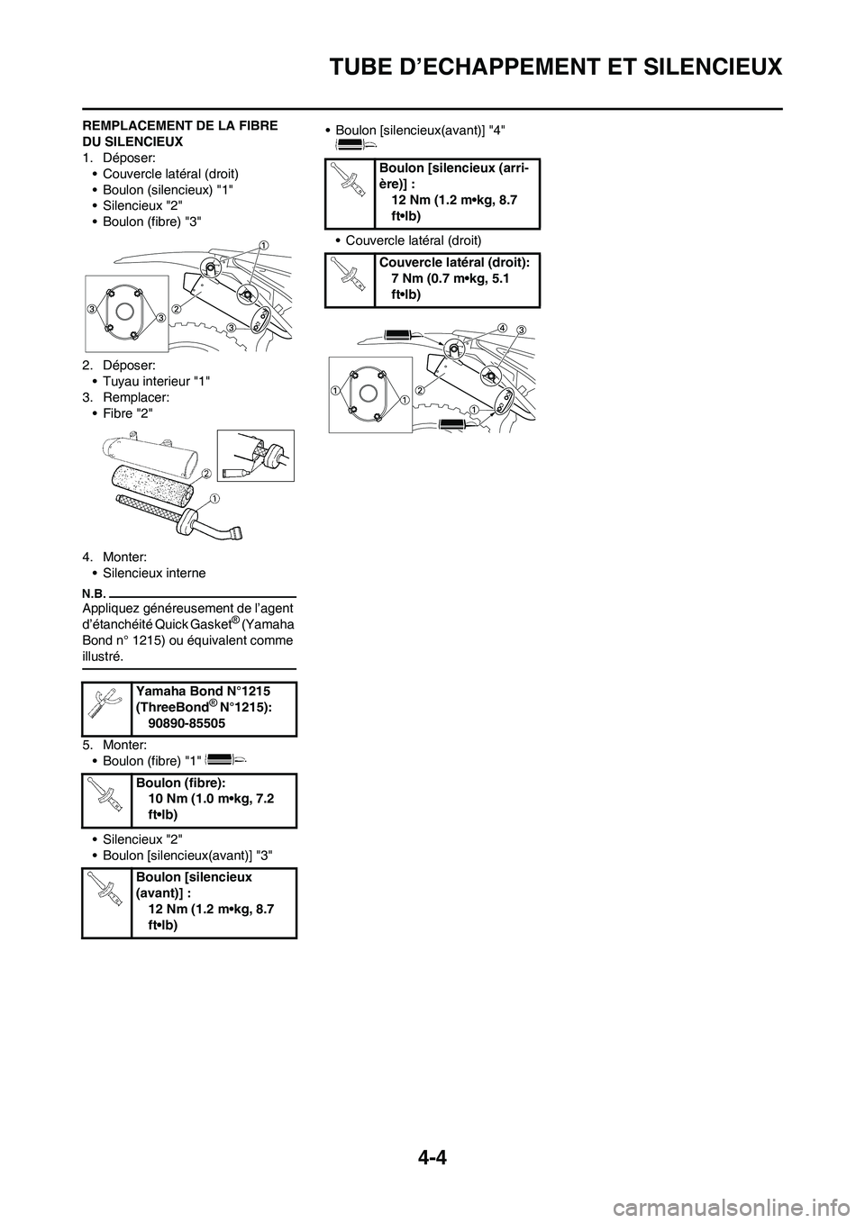 YAMAHA YZ125LC 2011 Notices Demploi (in French)
4-4
TUBE D’ECHAPPEMENT ET SILENCIEUX
REMPLACEMENT DE LA FIBRE
DU SILENCIEUX
1. Déposer:• Couvercle latéral (droit)
• Boulon (silencieux) "1"
• Silencieux "2"
• Boulon (fibre) "3"
2. Dép YAMAHA YZ125LC 2011 Notices Demploi (in French)
4-4
TUBE D’ECHAPPEMENT ET SILENCIEUX
REMPLACEMENT DE LA FIBRE
DU SILENCIEUX
1. Déposer:• Couvercle latéral (droit)
• Boulon (silencieux) "1"
• Silencieux "2"
• Boulon (fibre) "3"
2. Dép