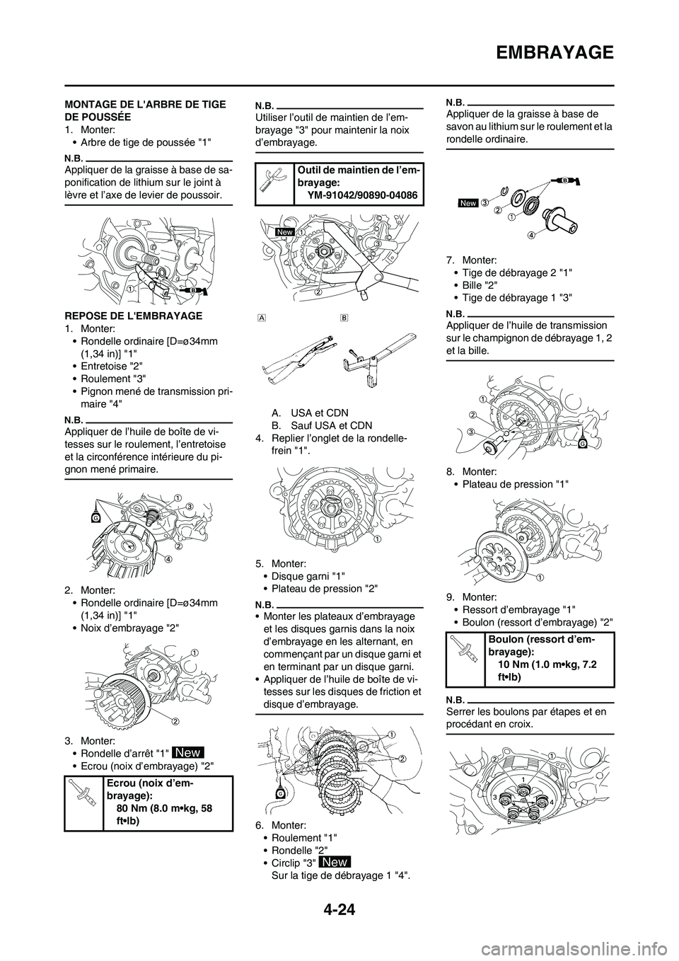 YAMAHA YZ125LC 2011 Notices Demploi (in French) 4-24
EMBRAYAGE
MONTAGE DE LARBRE DE TIGE
DE POUSSÉE
1. Monter:
• Arbre de tige de poussée "1"
Appliquer de la graisse à base de sa-
ponification de lithium sur le joint Ã
lèvre et l’axe de YAMAHA YZ125LC 2011 Notices Demploi (in French) 4-24
EMBRAYAGE
MONTAGE DE LARBRE DE TIGE
DE POUSSÉE
1. Monter:
• Arbre de tige de poussée "1"
Appliquer de la graisse à base de sa-
ponification de lithium sur le joint Ã
lèvre et l’axe de