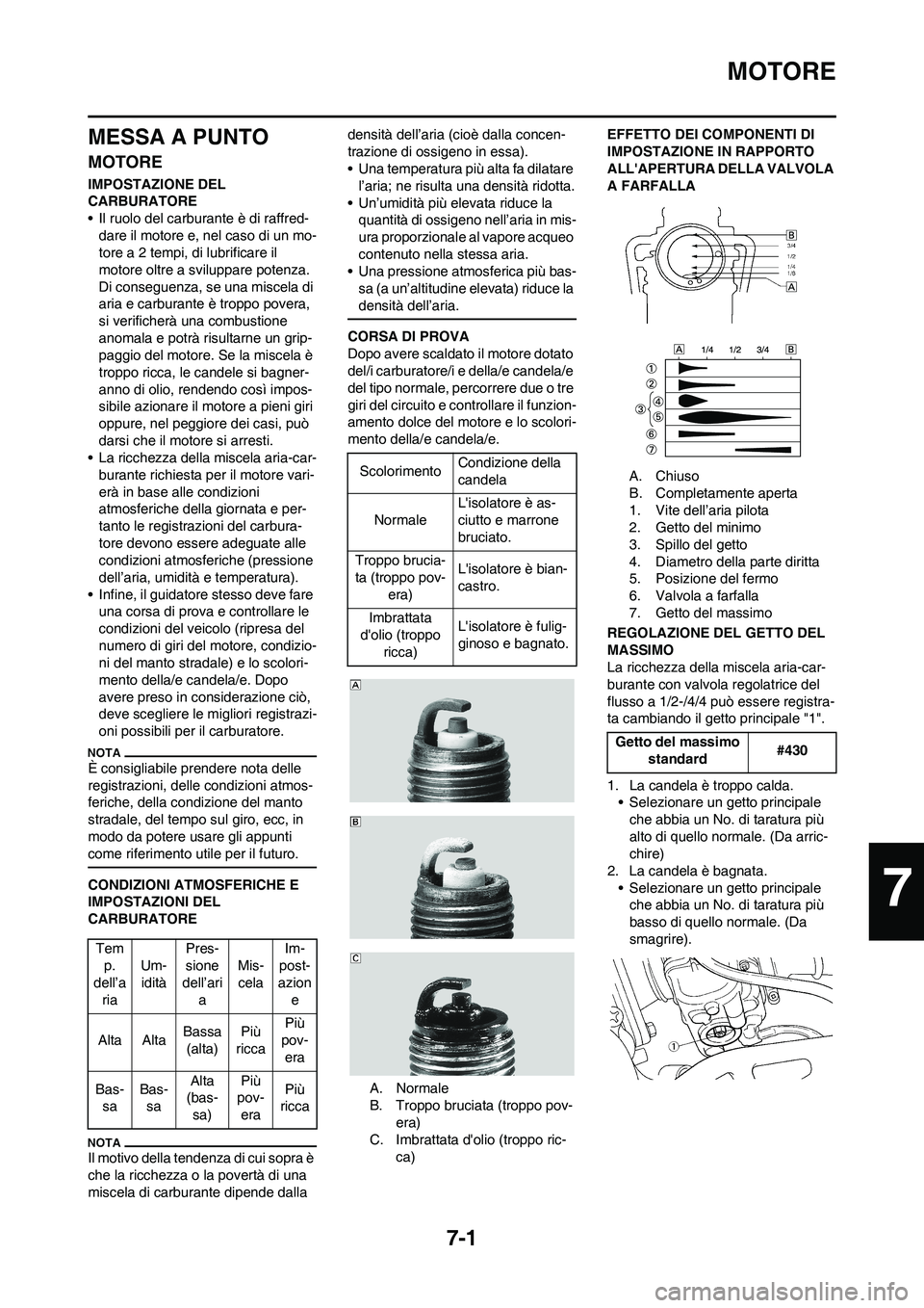 YAMAHA YZ125LC 2011 Manuale duso (in Italian)
7-1
MOTORE
MESSA A PUNTO
MOTORE
IMPOSTAZIONE DEL
CARBURATORE
• Il ruolo del carburante è di raffred-dare il motore e, nel caso di un mo-
tore a 2 tempi, di lubrificare il
motore oltre a sviluppa YAMAHA YZ125LC 2011 Manuale duso (in Italian)
7-1
MOTORE
MESSA A PUNTO
MOTORE
IMPOSTAZIONE DEL
CARBURATORE
• Il ruolo del carburante è di raffred-dare il motore e, nel caso di un mo-
tore a 2 tempi, di lubrificare il
motore oltre a sviluppa