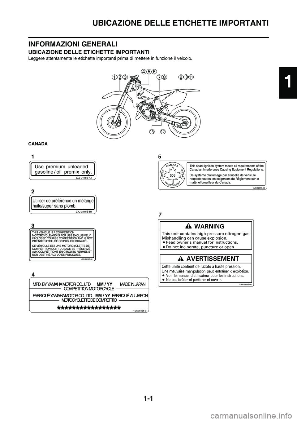YAMAHA YZ125LC 2011 Manuale duso (in Italian) 1-1
UBICAZIONE DELLE ETICHETTE IMPORTANTI
INFORMAZIONI GENERALI
UBICAZIONE DELLE ETICHETTE IMPORTANTI
Leggere attentamente le etichette importanti prima di mettere in funzione il veicolo.
CANADA
1 YAMAHA YZ125LC 2011 Manuale duso (in Italian) 1-1
UBICAZIONE DELLE ETICHETTE IMPORTANTI
INFORMAZIONI GENERALI
UBICAZIONE DELLE ETICHETTE IMPORTANTI
Leggere attentamente le etichette importanti prima di mettere in funzione il veicolo.
CANADA
1