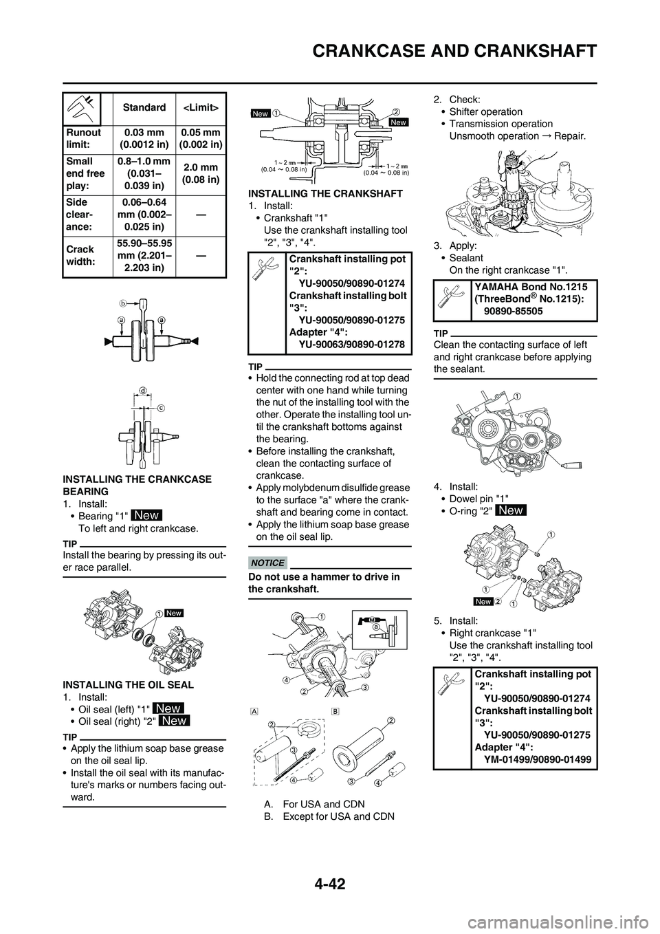 YAMAHA YZ125LC 2010 Owners Manual 4-42
CRANKCASE AND CRANKSHAFT
INSTALLING THE CRANKCASE
BEARING
1. Install:
• Bearing "1"
To left and right crankcase.
Install the bearing by pressing its out-
er race parallel.
INSTALLING THE OIL YAMAHA YZ125LC 2010 Owners Manual 4-42
CRANKCASE AND CRANKSHAFT
INSTALLING THE CRANKCASE
BEARING
1. Install:
• Bearing "1"
To left and right crankcase.
Install the bearing by pressing its out-
er race parallel.
INSTALLING THE OIL