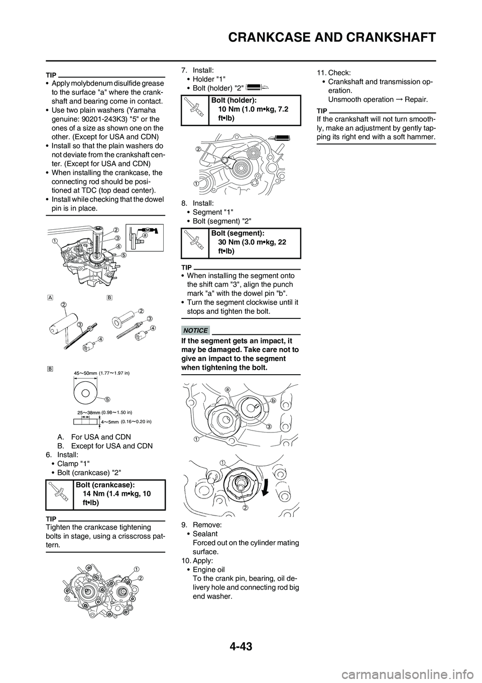 YAMAHA YZ125LC 2010  Owners Manual 4-43
CRANKCASE AND CRANKSHAFT
• Apply molybdenum disulfide grease 
to the surface "a" where the crank-
shaft and bearing come in contact.
• Use two plain washers (Yamaha 
genuine: 90201-243K3) "5"