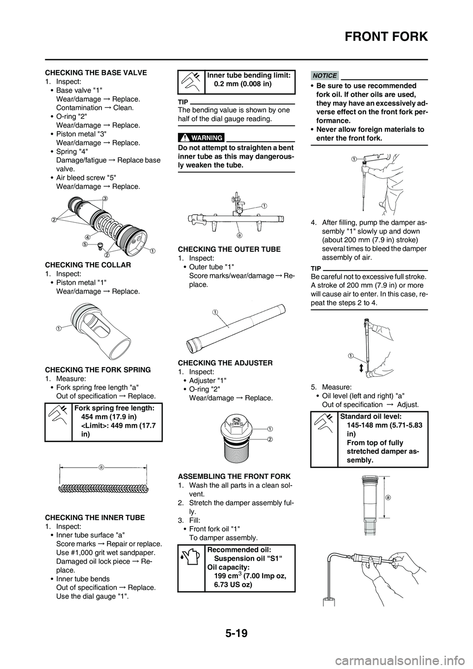 YAMAHA YZ125LC 2010  Owners Manual 5-19
FRONT FORK
CHECKING THE BASE VALVE
1. Inspect:
• Base valve "1"
Wear/damage →Replace.
Contamination →Clean.
• O-ring "2"
Wear/damage →Replace.
• Piston metal "3"
Wear/damage →Replac