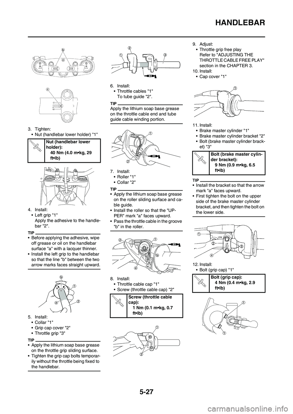 YAMAHA YZ125LC 2010  Owners Manual 5-27
HANDLEBAR
3. Tighten:
• Nut (handlebar lower holder) "1"
4. Install:
• Left grip "1"
Apply the adhesive to the handle-
bar "2".
• Before applying the adhesive, wipe 
off grease or oil on th