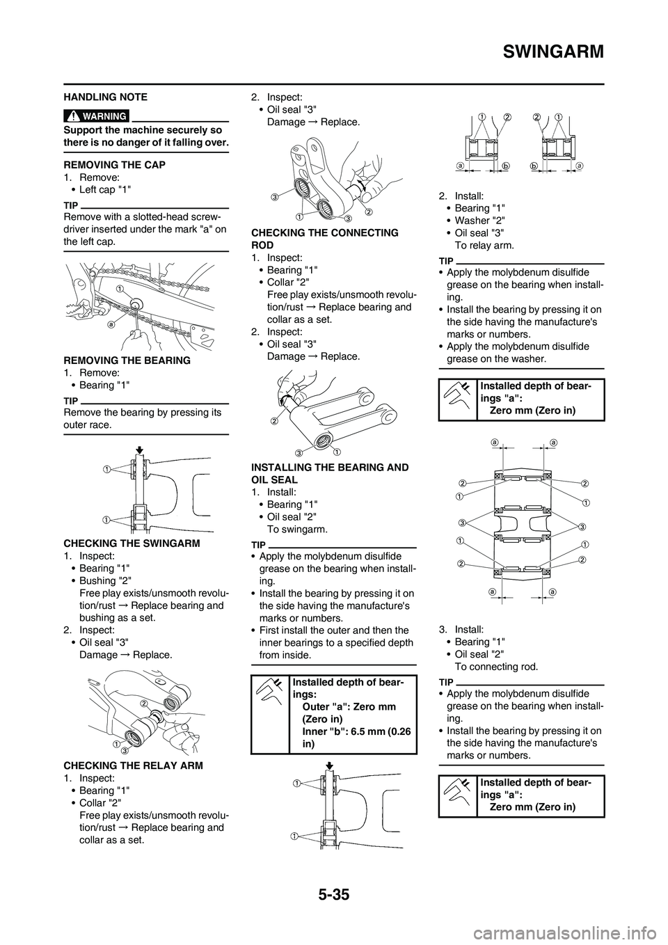 YAMAHA YZ125LC 2010  Owners Manual 5-35
SWINGARM
HANDLING NOTE
Support the machine securely so 
there is no danger of it falling over.
REMOVING THE CAP
1. Remove:
• Left cap "1"
Remove with a slotted-head screw-
driver inserted under