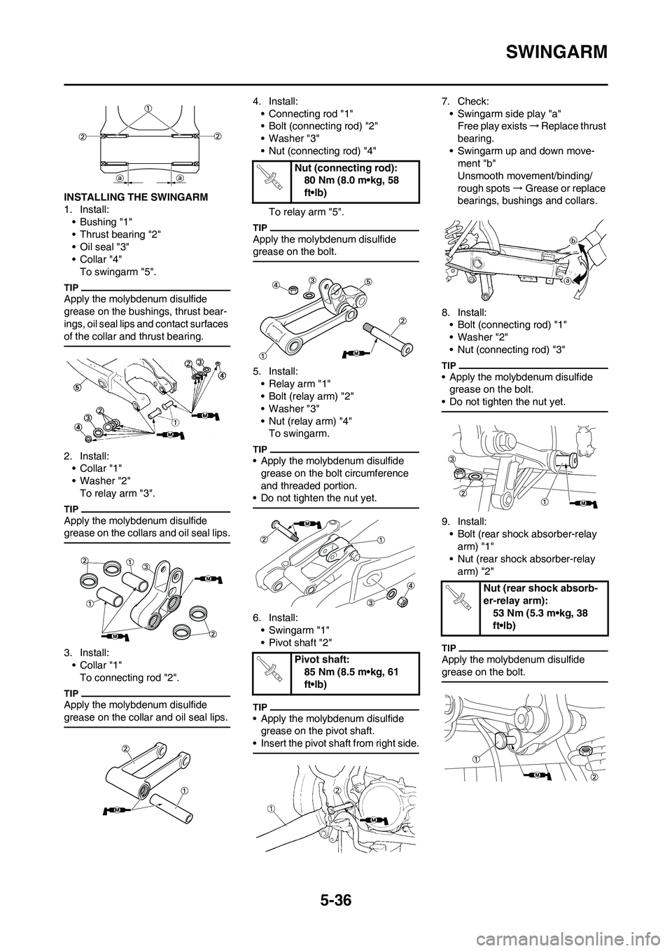 YAMAHA YZ125LC 2010  Owners Manual 5-36
SWINGARM
INSTALLING THE SWINGARM
1. Install:
• Bushing "1"
• Thrust bearing "2"
• Oil seal "3"
•Collar "4"
To swingarm "5".
Apply the molybdenum disulfide 
grease on the bushings, thrust 