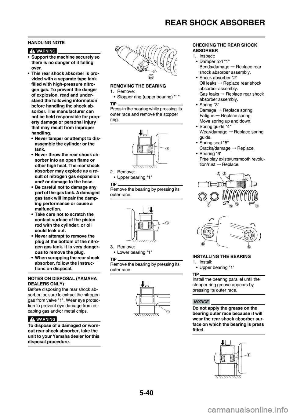 YAMAHA YZ125LC 2010  Owners Manual 5-40
REAR SHOCK ABSORBER
HANDLING NOTE
• Support the machine securely so 
there is no danger of it falling 
over.
• This rear shock absorber is pro-
vided with a separate type tank 
filled with hi