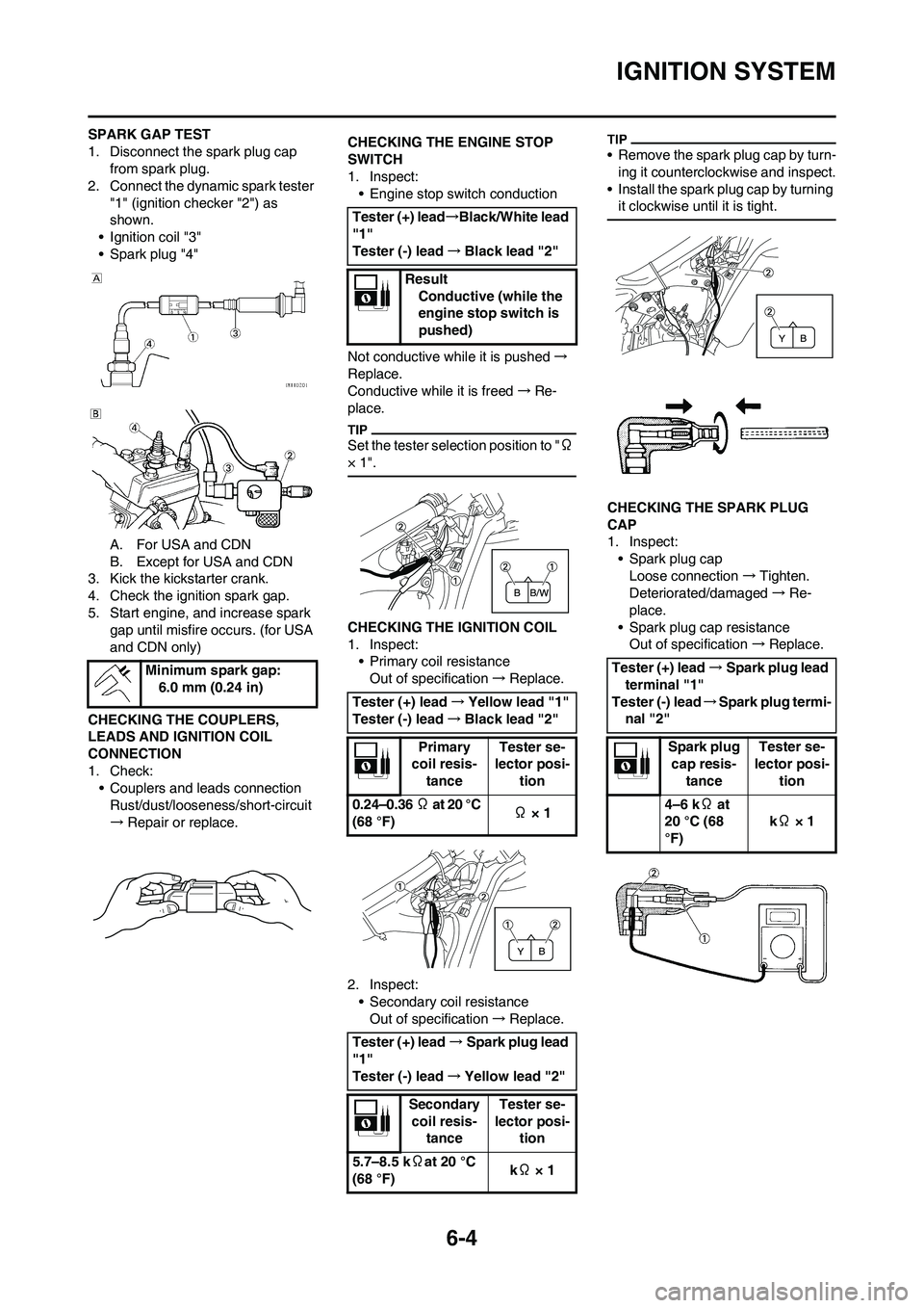 YAMAHA YZ125LC 2010  Owners Manual 6-4
IGNITION SYSTEM
SPARK GAP TEST
1. Disconnect the spark plug cap 
from spark plug.
2. Connect the dynamic spark tester 
"1" (ignition checker "2") as 
shown.
• Ignition coil "3"
• Spark plug "4
