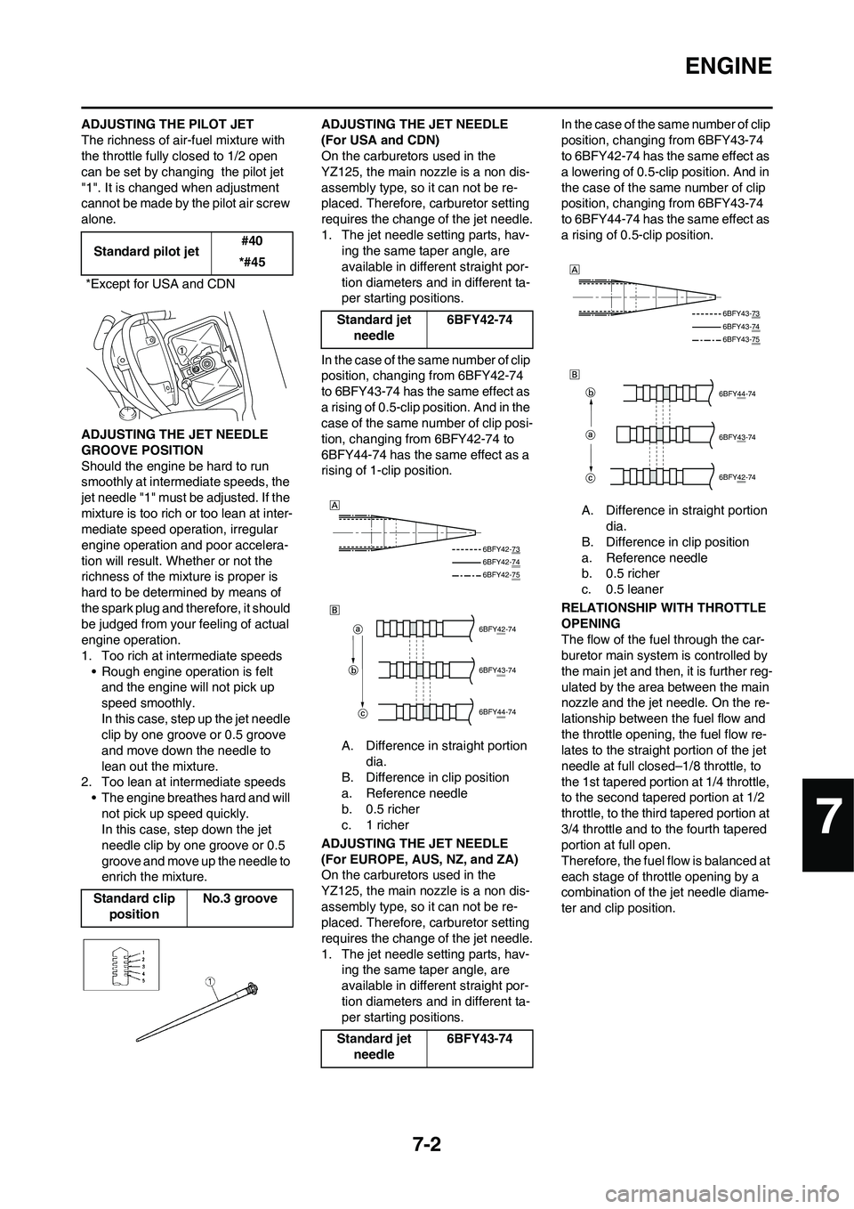 YAMAHA YZ125LC 2010  Owners Manual 7-2
ENGINE
ADJUSTING THE PILOT JET
The richness of air-fuel mixture with 
the throttle fully closed to 1/2 open 
can be set by changing  the pilot jet 
"1". It is changed when adjustment 
cannot be ma