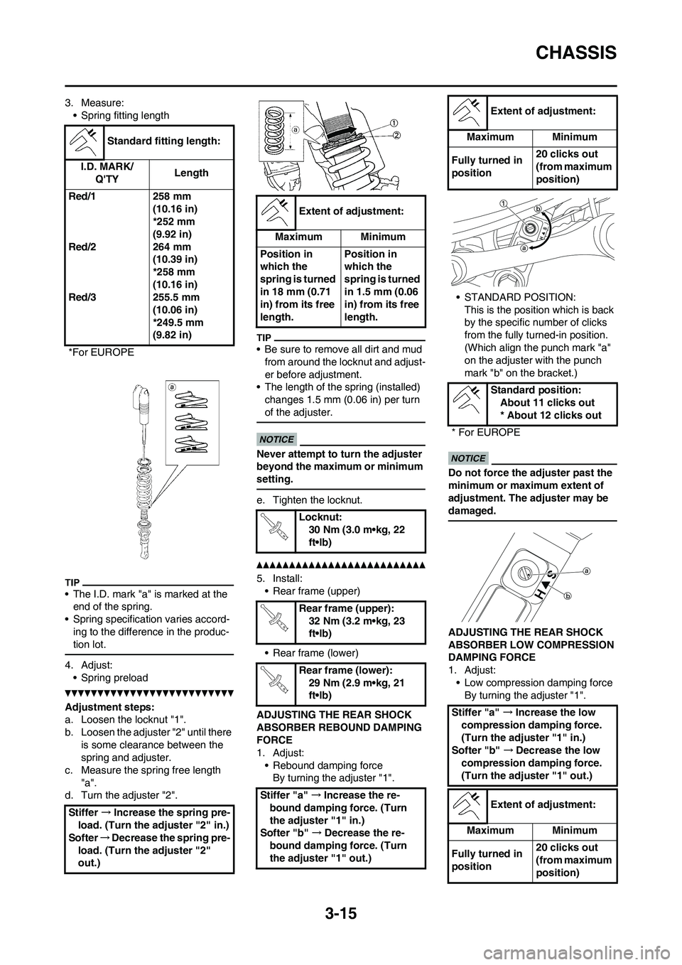 YAMAHA YZ125LC 2010 Workshop Manual 3-15
CHASSIS
3. Measure:
• Spring fitting length
• The I.D. mark "a" is marked at the 
end of the spring.
• Spring specification varies accord-
ing to the difference in the produc-
tion lot.
4. 