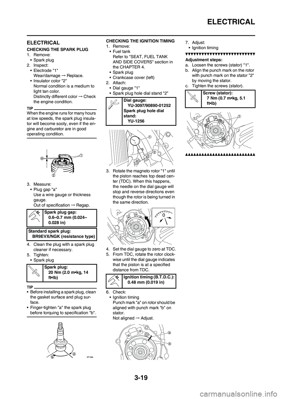 YAMAHA YZ125LC 2010  Owners Manual 3-19
ELECTRICAL
ELECTRICAL
CHECKING THE SPARK PLUG
1. Remove:
• Spark plug
2. Inspect:
• Electrode "1"
Wear/damage→Replace.
• Insulator color "2"
Normal condition is a medium to 
light tan col