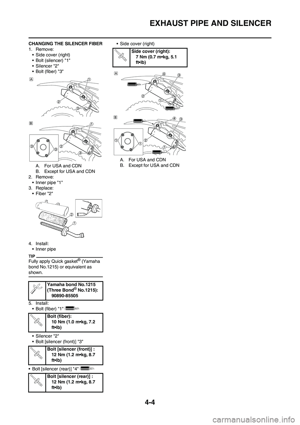 YAMAHA YZ125LC 2010 Repair Manual 4-4
EXHAUST PIPE AND SILENCER
CHANGING THE SILENCER FIBER
1. Remove:
• Side cover (right)
• Bolt (silencer) "1"
• Silencer "2"
• Bolt (fiber) "3"
A. For USA and CDN
B. Except for USA and CDN
2