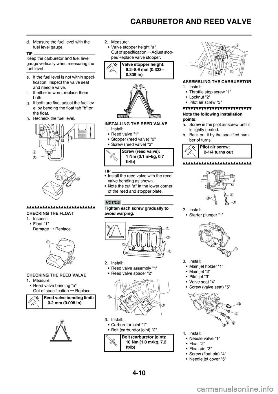 YAMAHA YZ125LC 2010 Repair Manual 4-10
CARBURETOR AND REED VALVE
d. Measure the fuel level with the 
fuel level gauge.
Keep the carburetor and fuel level 
gauge vertically when measuring the 
fuel level.
e. If the fuel level is not wi