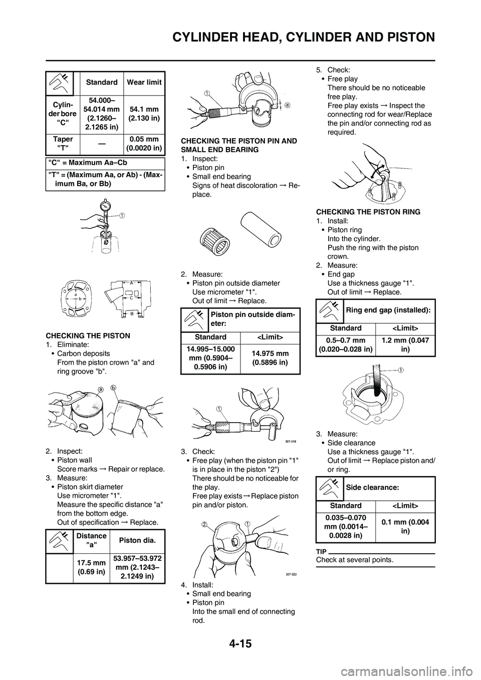 YAMAHA YZ125LC 2010 Manual PDF 4-15
CYLINDER HEAD, CYLINDER AND PISTON
CHECKING THE PISTON
1. Eliminate:
• Carbon deposits
From the piston crown "a" and 
ring groove "b".
2. Inspect:
• Piston wall
Score marks→Repair or replac