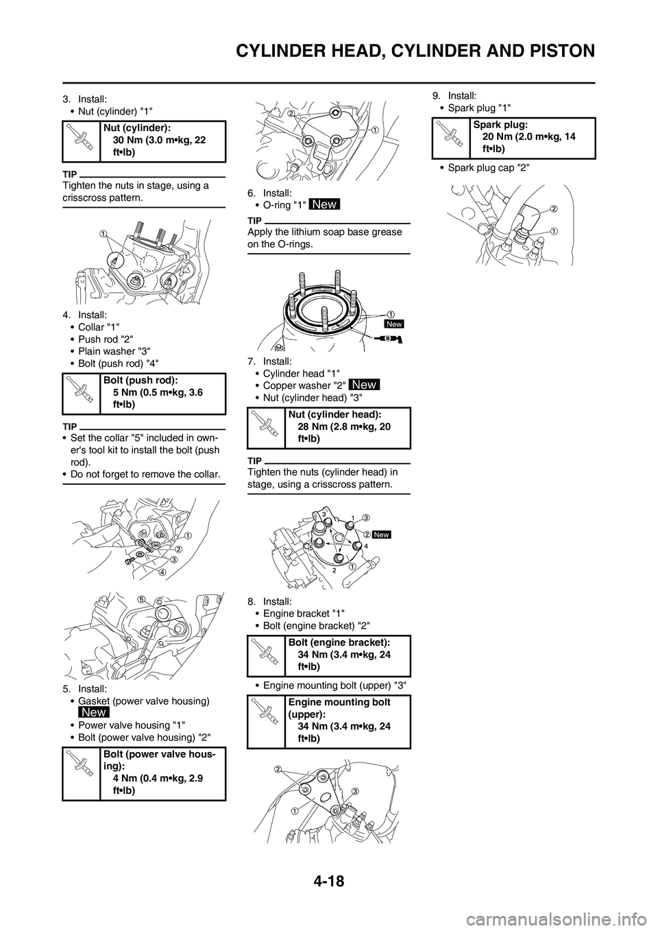 YAMAHA YZ125LC 2010 Manual PDF 4-18
CYLINDER HEAD, CYLINDER AND PISTON
3. Install:
• Nut (cylinder) "1"
Tighten the nuts in stage, using a 
crisscross pattern.
4. Install:
•Collar "1"
• Push rod "2"
• Plain washer "3" 
• 