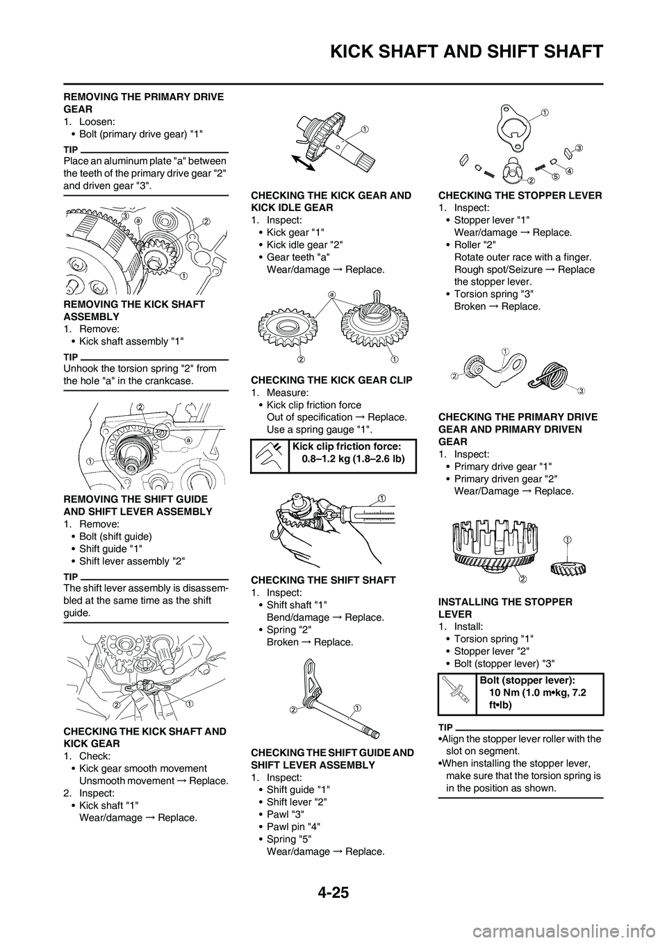 YAMAHA YZ125LC 2010 Manual Online 4-25
KICK SHAFT AND SHIFT SHAFT
REMOVING THE PRIMARY DRIVE 
GEAR
1. Loosen:
• Bolt (primary drive gear) "1"
Place an aluminum plate "a" between 
the teeth of the primary drive gear "2" 
and driven g