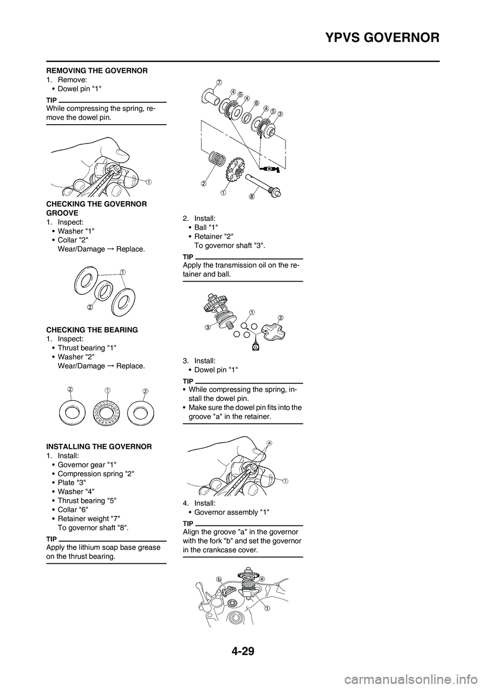YAMAHA YZ125LC 2010 Manual Online 4-29
YPVS GOVERNOR
REMOVING THE GOVERNOR
1. Remove:
• Dowel pin "1"
While compressing the spring, re-
move the dowel pin.
CHECKING THE GOVERNOR 
GROOVE
1. Inspect:
• Washer "1"
•Collar "2"
Wear/