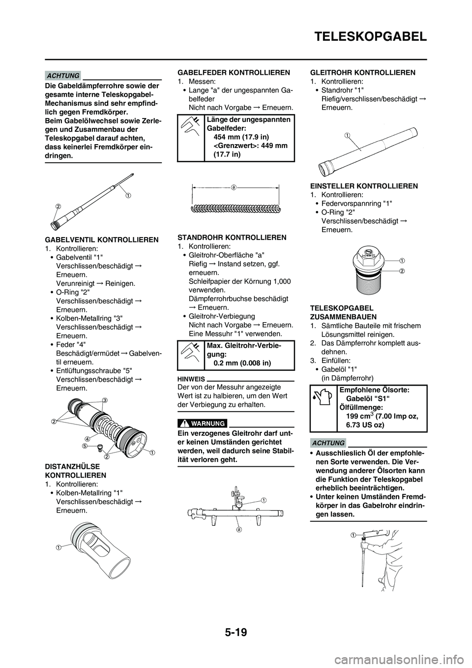 YAMAHA YZ125LC 2010 Betriebsanleitungen (in German) 5-19
TELESKOPGABEL
Die Gabeldämpferrohre sowie der
gesamte interne Teleskopgabel-
Mechanismus sind sehr empfind-
lich gegen Fremdkörper.
Beim Gabelölwechsel sowie Zerle-
gen und Zusammenbau der
YAMAHA YZ125LC 2010 Betriebsanleitungen (in German) 5-19
TELESKOPGABEL
Die Gabeldämpferrohre sowie der
gesamte interne Teleskopgabel-
Mechanismus sind sehr empfind-
lich gegen Fremdkörper.
Beim Gabelölwechsel sowie Zerle-
gen und Zusammenbau der