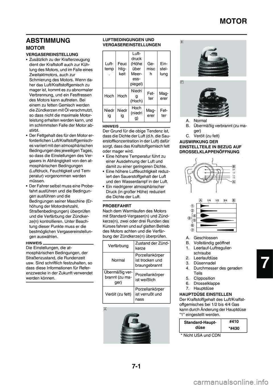 YAMAHA YZ125LC 2010 Betriebsanleitungen (in German) 7-1
MOTOR
ABSTIMMUNG
MOTOR
VERGASEREINSTELLUNG
• Zusätzlich zu der Krafterzeugung
dient der Kraftstoff auch zur Küh-
lung des Motors, und im Falle eines
Zweitaktmotors, auch zur
Schmierung des YAMAHA YZ125LC 2010 Betriebsanleitungen (in German) 7-1
MOTOR
ABSTIMMUNG
MOTOR
VERGASEREINSTELLUNG
• Zusätzlich zu der Krafterzeugung
dient der Kraftstoff auch zur Küh-
lung des Motors, und im Falle eines
Zweitaktmotors, auch zur
Schmierung des