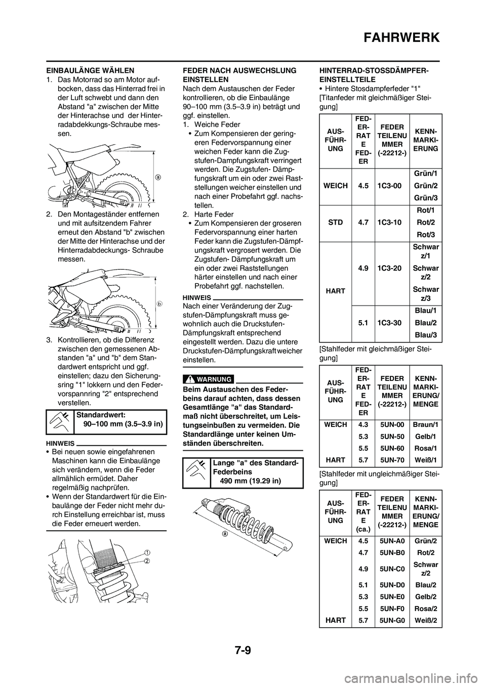 YAMAHA YZ125LC 2010  Betriebsanleitungen (in German) 7-9
FAHRWERK
EINBAULÄNGE WÄHLEN
1. Das Motorrad so am Motor auf-
bocken, dass das Hinterrad frei in 
der Luft schwebt und dann den 
Abstand "a" zwischen der Mitte 
der Hinterachse und  der Hinter-
r
