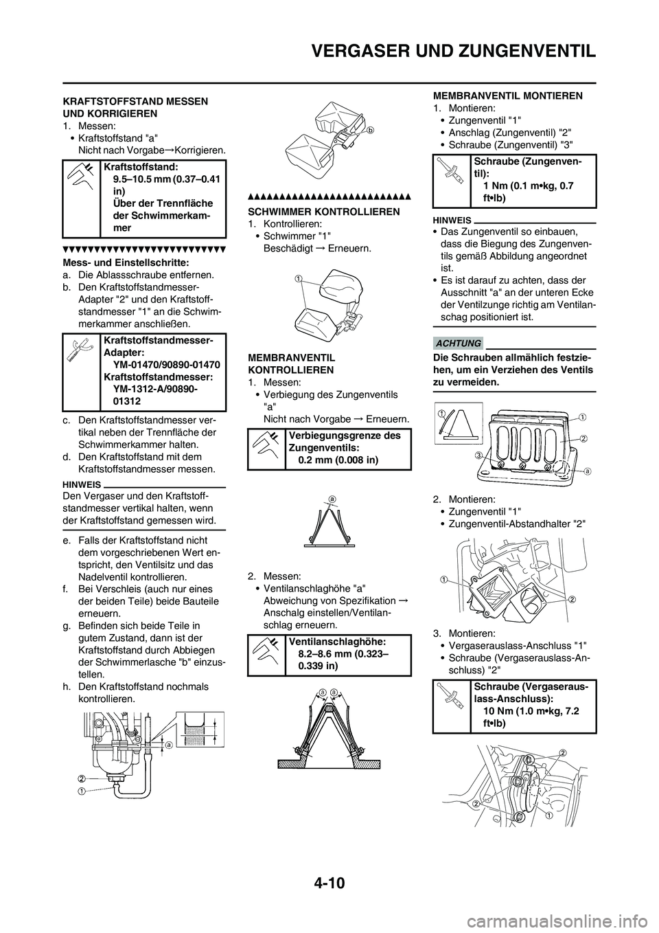 YAMAHA YZ125LC 2010 Betriebsanleitungen (in German) 4-10
VERGASER UND ZUNGENVENTIL
KRAFTSTOFFSTAND MESSEN
UND KORRIGIEREN
1. Messen:
• Kraftstoffstand "a"
Nicht nach Vorgabe→Korrigieren.
Mess- und Einstellschritte:
a. Die Ablassschraube entfernen. YAMAHA YZ125LC 2010 Betriebsanleitungen (in German) 4-10
VERGASER UND ZUNGENVENTIL
KRAFTSTOFFSTAND MESSEN
UND KORRIGIEREN
1. Messen:
• Kraftstoffstand "a"
Nicht nach Vorgabe→Korrigieren.
Mess- und Einstellschritte:
a. Die Ablassschraube entfernen.