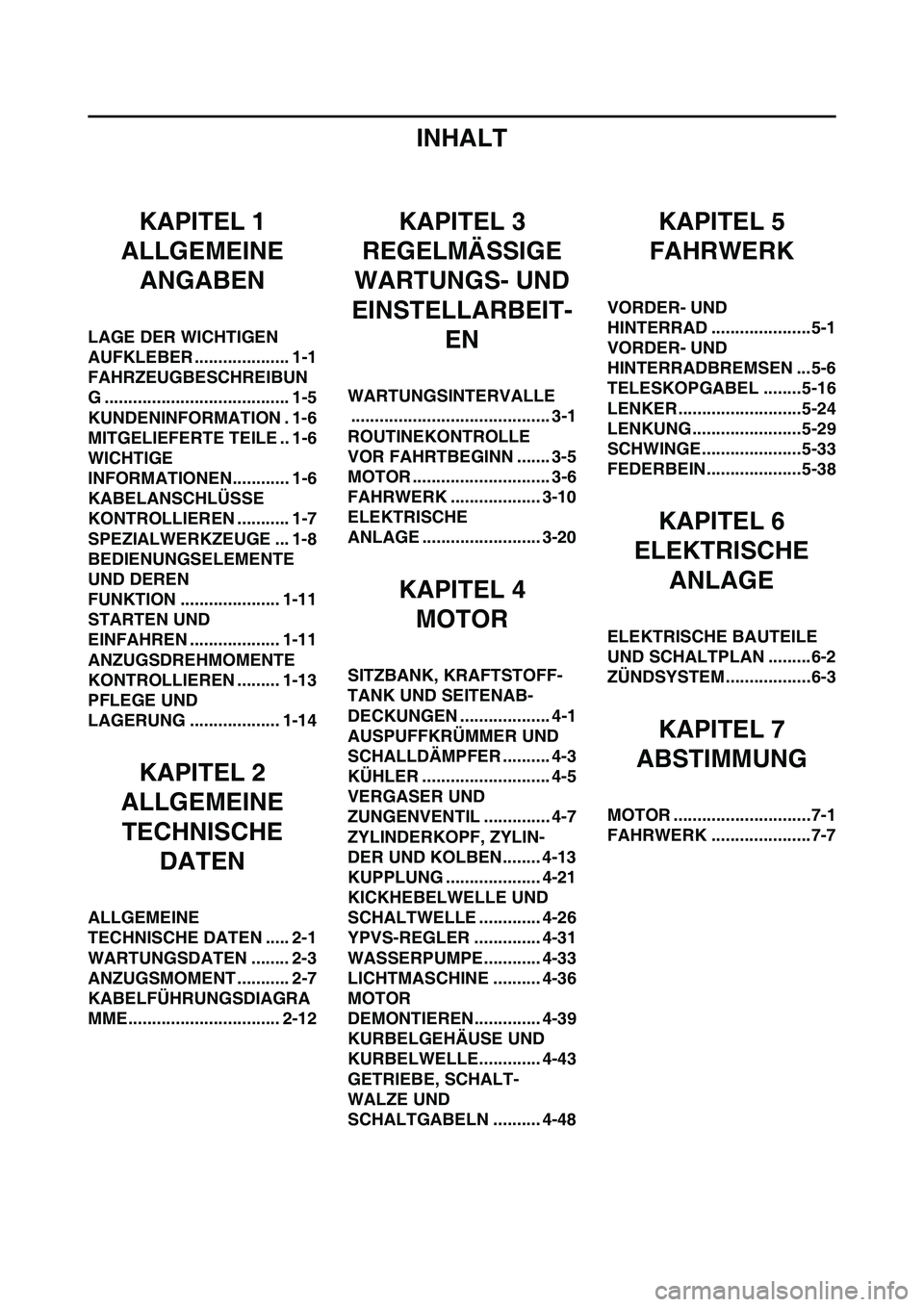 YAMAHA YZ125LC 2010 Betriebsanleitungen (in German) INHALT
KAPITEL 1
ALLGEMEINE
ANGABEN
LAGE DER WICHTIGEN
AUFKLEBER .................... 1-1
FAHRZEUGBESCHREIBUN
G ....................................... 1-5
KUNDENINFORMATION . 1-6
MITGELIEFERTE TEIL YAMAHA YZ125LC 2010 Betriebsanleitungen (in German) INHALT
KAPITEL 1
ALLGEMEINE
ANGABEN
LAGE DER WICHTIGEN
AUFKLEBER .................... 1-1
FAHRZEUGBESCHREIBUN
G ....................................... 1-5
KUNDENINFORMATION . 1-6
MITGELIEFERTE TEIL