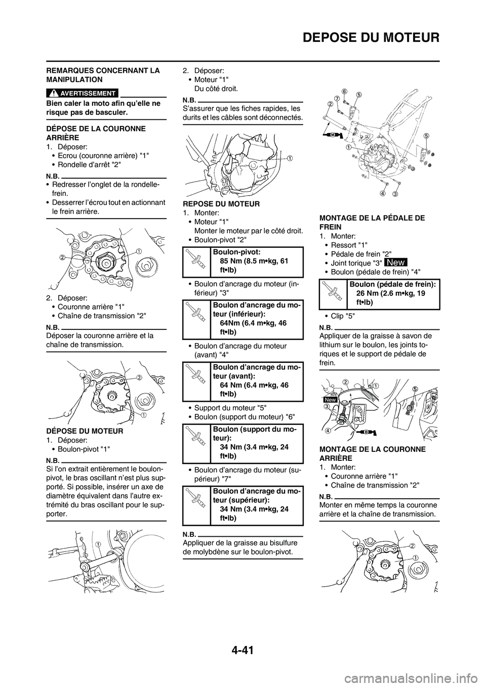 YAMAHA YZ125LC 2010 Notices Demploi (in French) 4-41
DEPOSE DU MOTEUR
REMARQUES CONCERNANT LA
MANIPULATION
Bien caler la moto afin qu’elle ne
risque pas de basculer.
DÉPOSE DE LA COURONNE
ARRIÈRE
1. Déposer:
• Ecrou (couronne arrière) "1 YAMAHA YZ125LC 2010 Notices Demploi (in French) 4-41
DEPOSE DU MOTEUR
REMARQUES CONCERNANT LA
MANIPULATION
Bien caler la moto afin qu’elle ne
risque pas de basculer.
DÉPOSE DE LA COURONNE
ARRIÈRE
1. Déposer:
• Ecrou (couronne arrière) "1