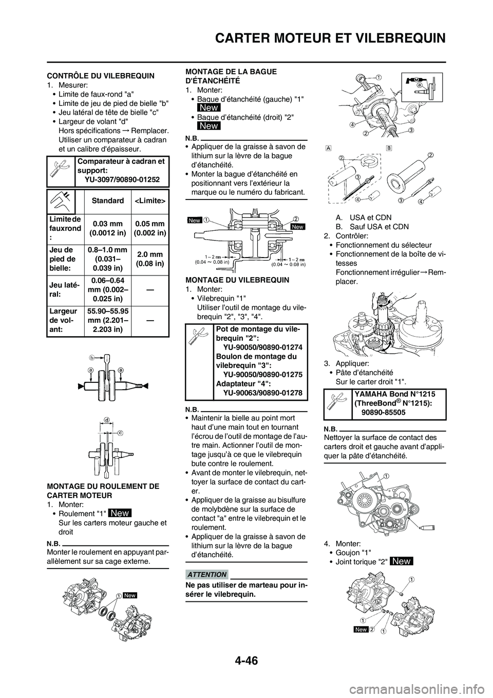 YAMAHA YZ125LC 2010 Notices Demploi (in French) 4-46
CARTER MOTEUR ET VILEBREQUIN
CONTRÔLE DU VILEBREQUIN
1. Mesurer:
• Limite de faux-rond "a"
• Limite de jeu de pied de bielle "b"
• Jeu latéral de tête de bielle "c"
• Largeur de volant YAMAHA YZ125LC 2010 Notices Demploi (in French) 4-46
CARTER MOTEUR ET VILEBREQUIN
CONTRÔLE DU VILEBREQUIN
1. Mesurer:
• Limite de faux-rond "a"
• Limite de jeu de pied de bielle "b"
• Jeu latéral de tête de bielle "c"
• Largeur de volant