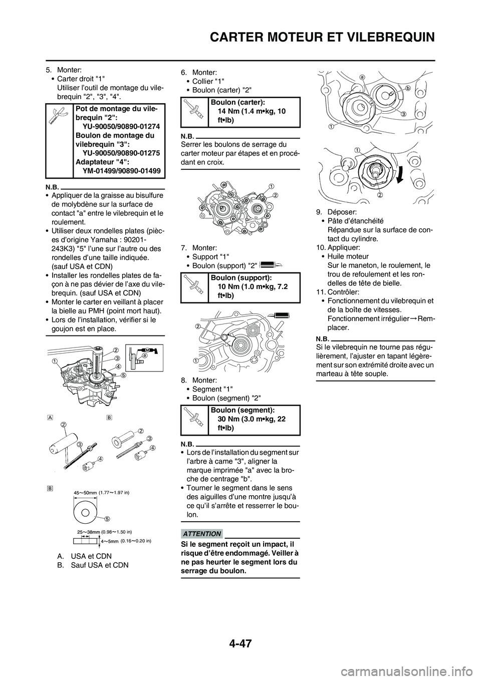 YAMAHA YZ125LC 2010 Notices Demploi (in French) 4-47
CARTER MOTEUR ET VILEBREQUIN
5. Monter:
• Carter droit "1"
Utiliser l’outil de montage du vile-
brequin "2", "3", "4".
• Appliquer de la graisse au bisulfure
de molybdène sur la surface d YAMAHA YZ125LC 2010 Notices Demploi (in French) 4-47
CARTER MOTEUR ET VILEBREQUIN
5. Monter:
• Carter droit "1"
Utiliser l’outil de montage du vile-
brequin "2", "3", "4".
• Appliquer de la graisse au bisulfure
de molybdène sur la surface d