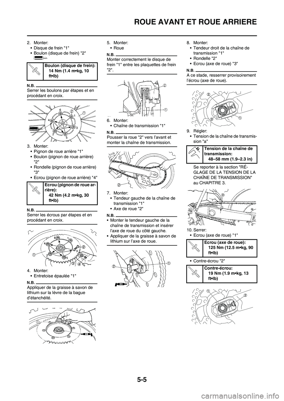 YAMAHA YZ125LC 2010 Notices Demploi (in French) 5-5
ROUE AVANT ET ROUE ARRIERE
2. Monter:
• Disque de frein "1"
• Boulon (disque de frein) "2"
Serrer les boulons par étapes et en
procédant en croix.
3. Monter:
• Pignon de roue arrière "1 YAMAHA YZ125LC 2010 Notices Demploi (in French) 5-5
ROUE AVANT ET ROUE ARRIERE
2. Monter:
• Disque de frein "1"
• Boulon (disque de frein) "2"
Serrer les boulons par étapes et en
procédant en croix.
3. Monter:
• Pignon de roue arrière "1
