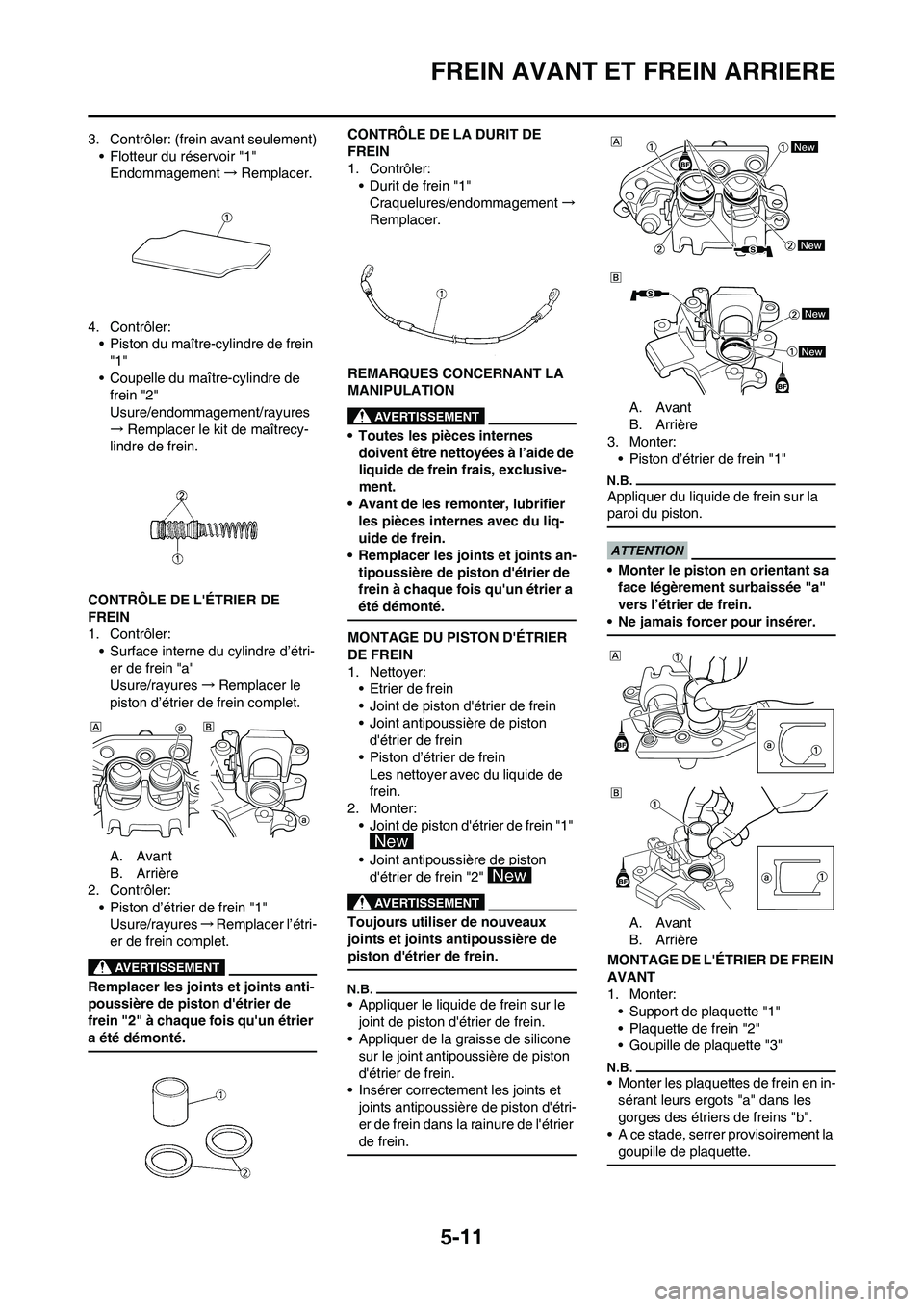 YAMAHA YZ125LC 2010 Notices Demploi (in French) 5-11
FREIN AVANT ET FREIN ARRIERE
3. Contrôler: (frein avant seulement)
• Flotteur du réservoir "1"
Endommagement→Remplacer.
4. Contrôler:
• Piston du maître-cylindre de frein
"1"
• Coupe YAMAHA YZ125LC 2010 Notices Demploi (in French) 5-11
FREIN AVANT ET FREIN ARRIERE
3. Contrôler: (frein avant seulement)
• Flotteur du réservoir "1"
Endommagement→Remplacer.
4. Contrôler:
• Piston du maître-cylindre de frein
"1"
• Coupe