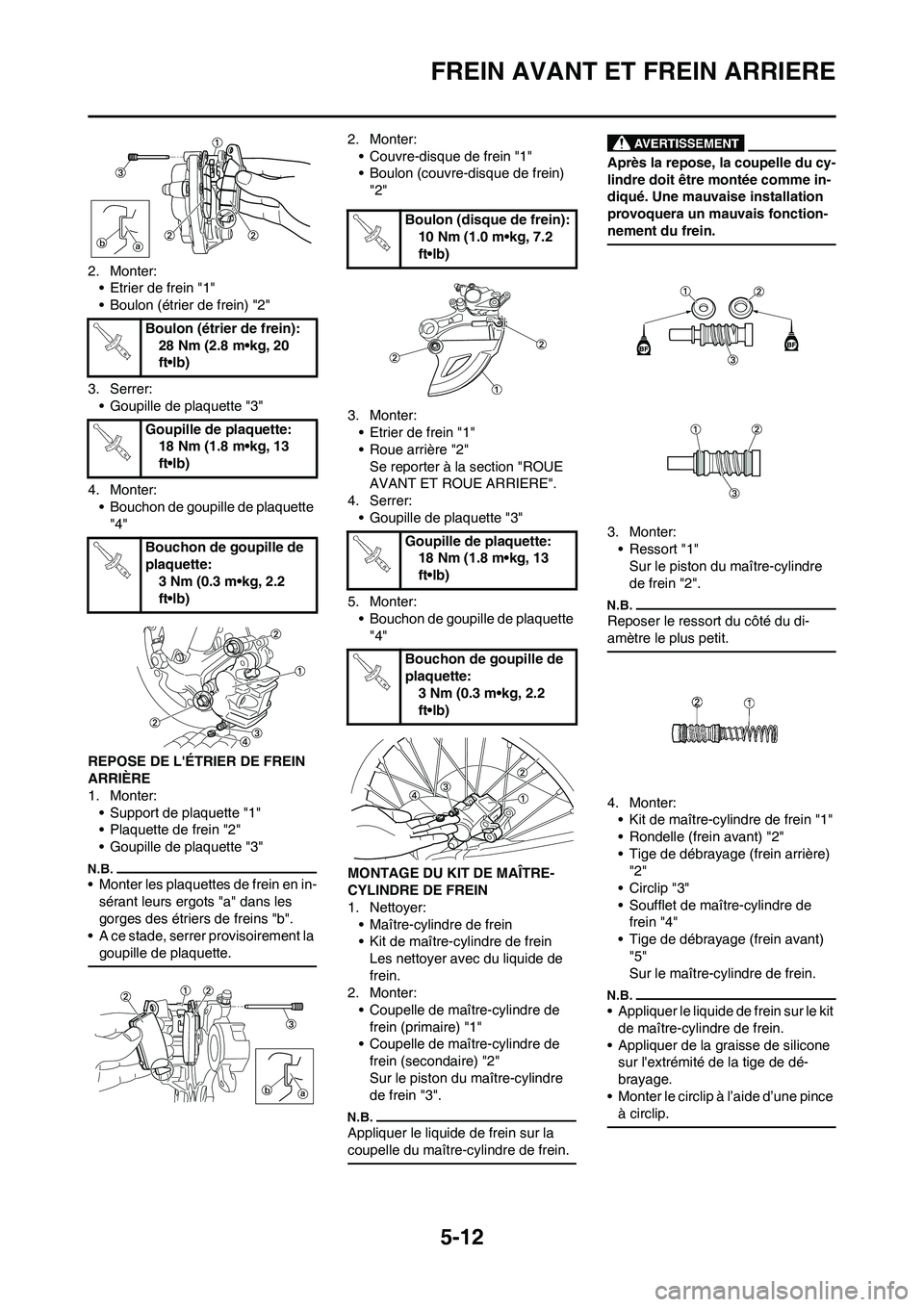 YAMAHA YZ125LC 2010 Notices Demploi (in French) 5-12
FREIN AVANT ET FREIN ARRIERE
2. Monter:
• Etrier de frein "1"
• Boulon (étrier de frein) "2"
3. Serrer:
• Goupille de plaquette "3"
4. Monter:
• Bouchon de goupille de plaquette
"4"
REP YAMAHA YZ125LC 2010 Notices Demploi (in French) 5-12
FREIN AVANT ET FREIN ARRIERE
2. Monter:
• Etrier de frein "1"
• Boulon (étrier de frein) "2"
3. Serrer:
• Goupille de plaquette "3"
4. Monter:
• Bouchon de goupille de plaquette
"4"
REP