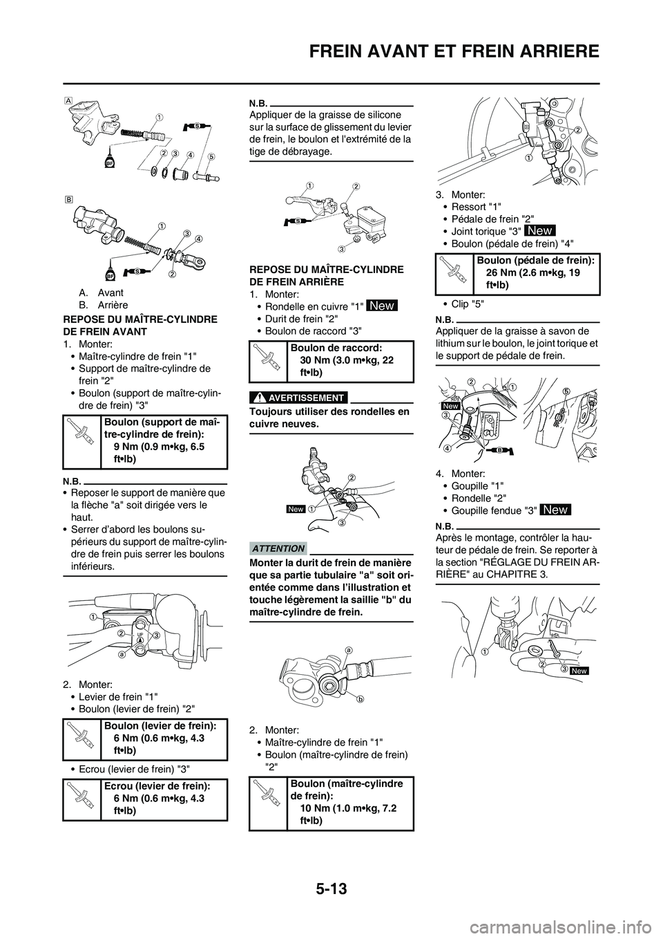YAMAHA YZ125LC 2010 Notices Demploi (in French) 5-13
FREIN AVANT ET FREIN ARRIERE
A. Avant
B. Arrière
REPOSE DU MAÃŽTRE-CYLINDRE
DE FREIN AVANT
1. Monter:
• Maître-cylindre de frein "1"
• Support de maître-cylindre de
frein "2"
• Boulon YAMAHA YZ125LC 2010 Notices Demploi (in French) 5-13
FREIN AVANT ET FREIN ARRIERE
A. Avant
B. Arrière
REPOSE DU MAÃŽTRE-CYLINDRE
DE FREIN AVANT
1. Monter:
• Maître-cylindre de frein "1"
• Support de maître-cylindre de
frein "2"
• Boulon