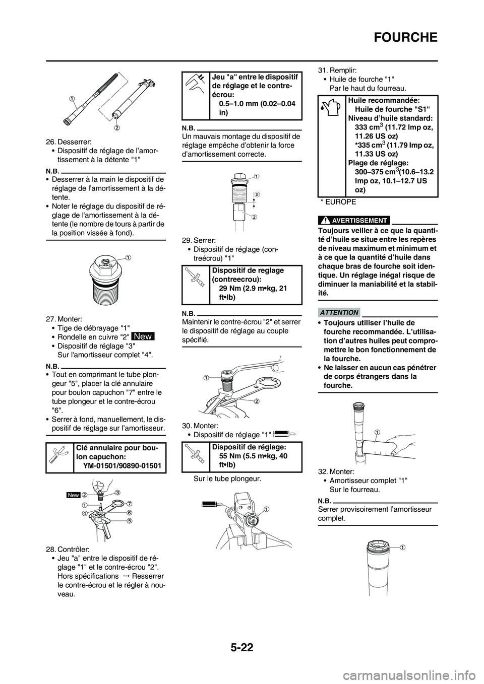 YAMAHA YZ125LC 2010  Notices Demploi (in French) 5-22
FOURCHE
26. Desserrer:
• Dispositif de réglage de l’amor-
tissement à la détente "1"
• Desserrer à la main le dispositif de 
réglage de l’amortissement à la dé-
tente.
• Noter le