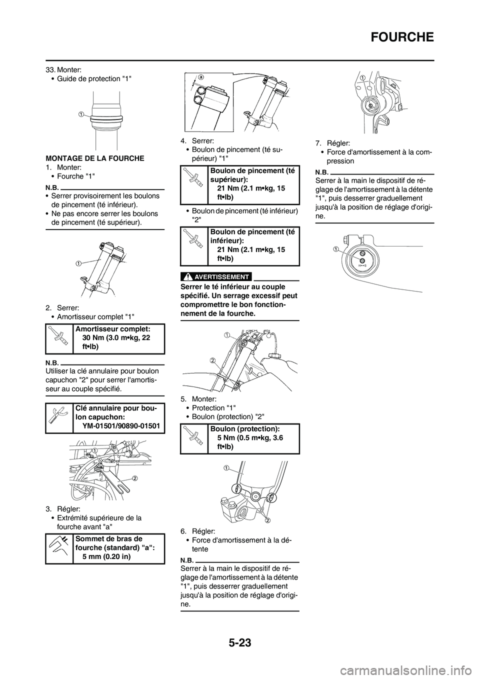 YAMAHA YZ125LC 2010  Notices Demploi (in French) 5-23
FOURCHE
33. Monter:
• Guide de protection "1"
MONTAGE DE LA FOURCHE
1. Monter:
• Fourche "1"
• Serrer provisoirement les boulons 
de pincement (té inférieur).
• Ne pas encore serrer les